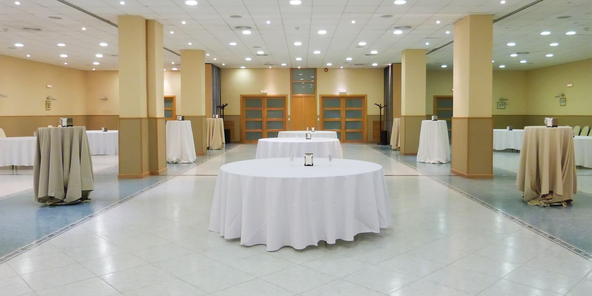 a room with tables and chairs