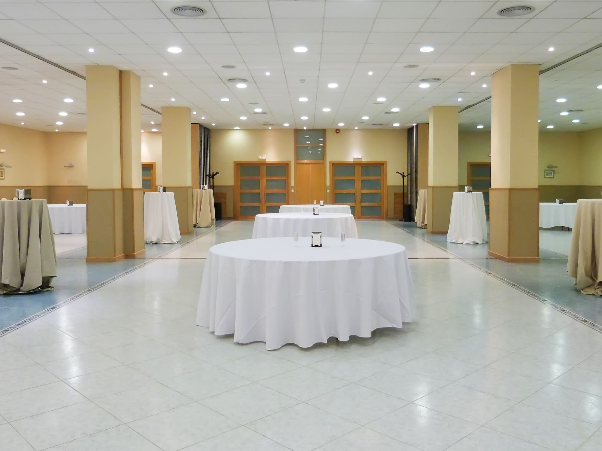 a room with tables and chairs