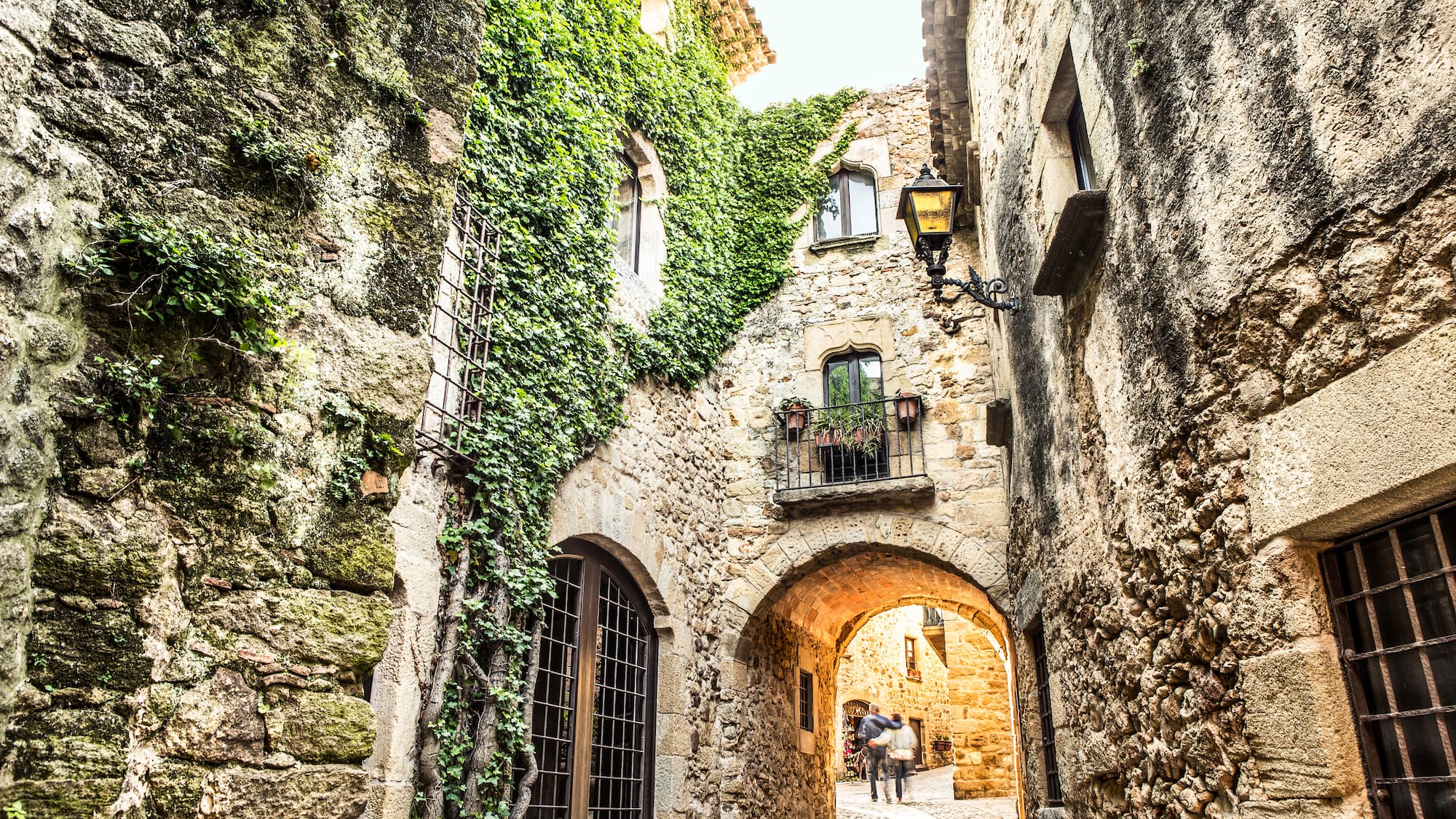 a stone alleyway with ivy on the walls