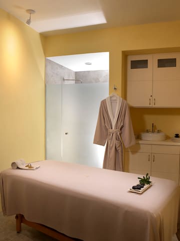 a massage table in a room