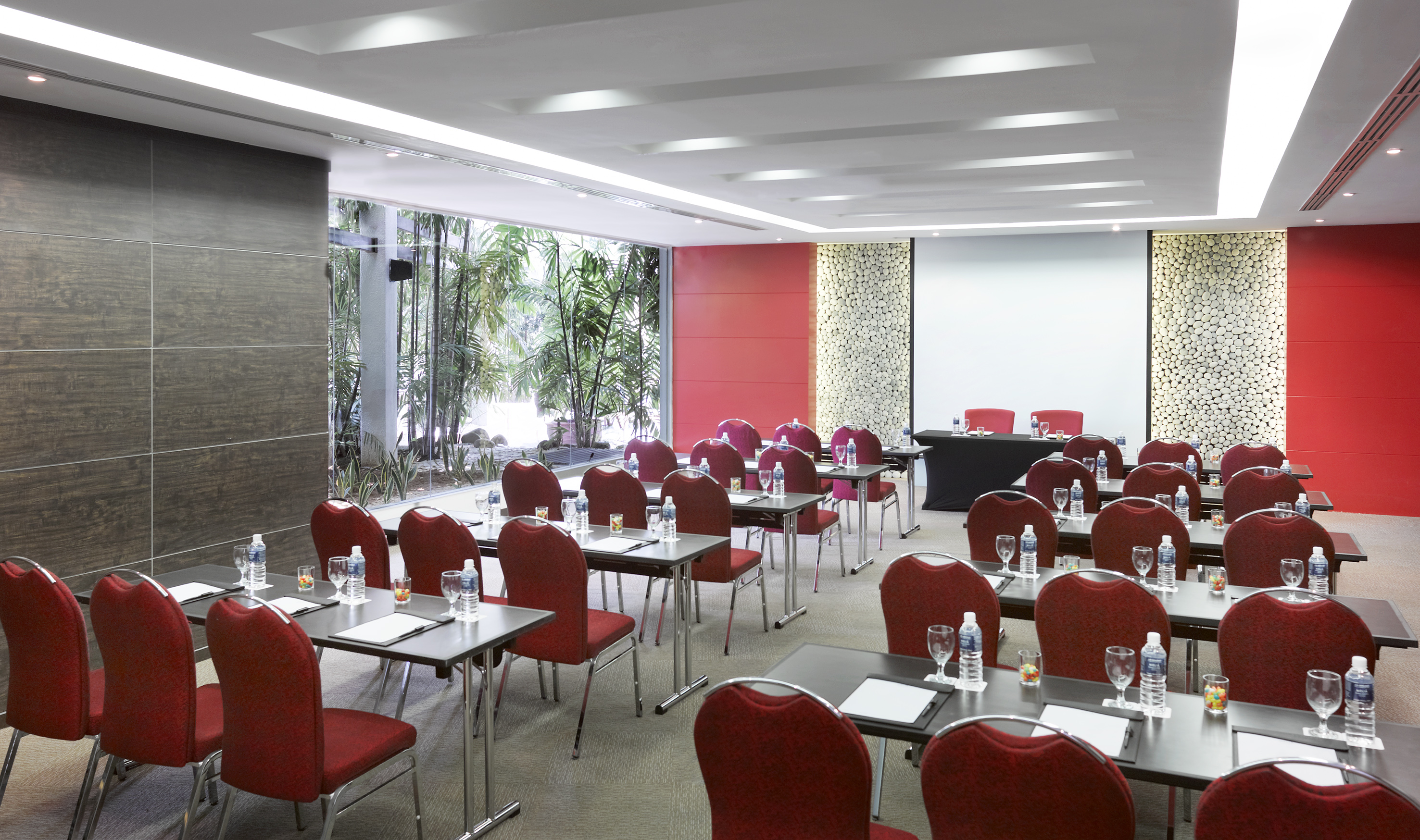 a room with tables and chairs
