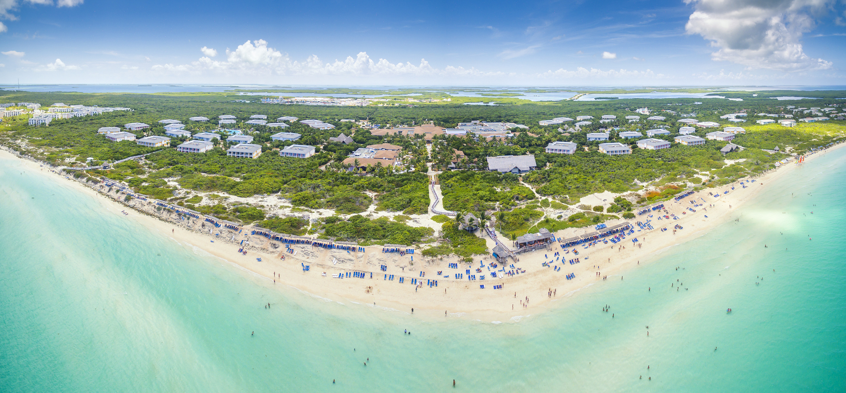 an aerial view of a beach with people and trees