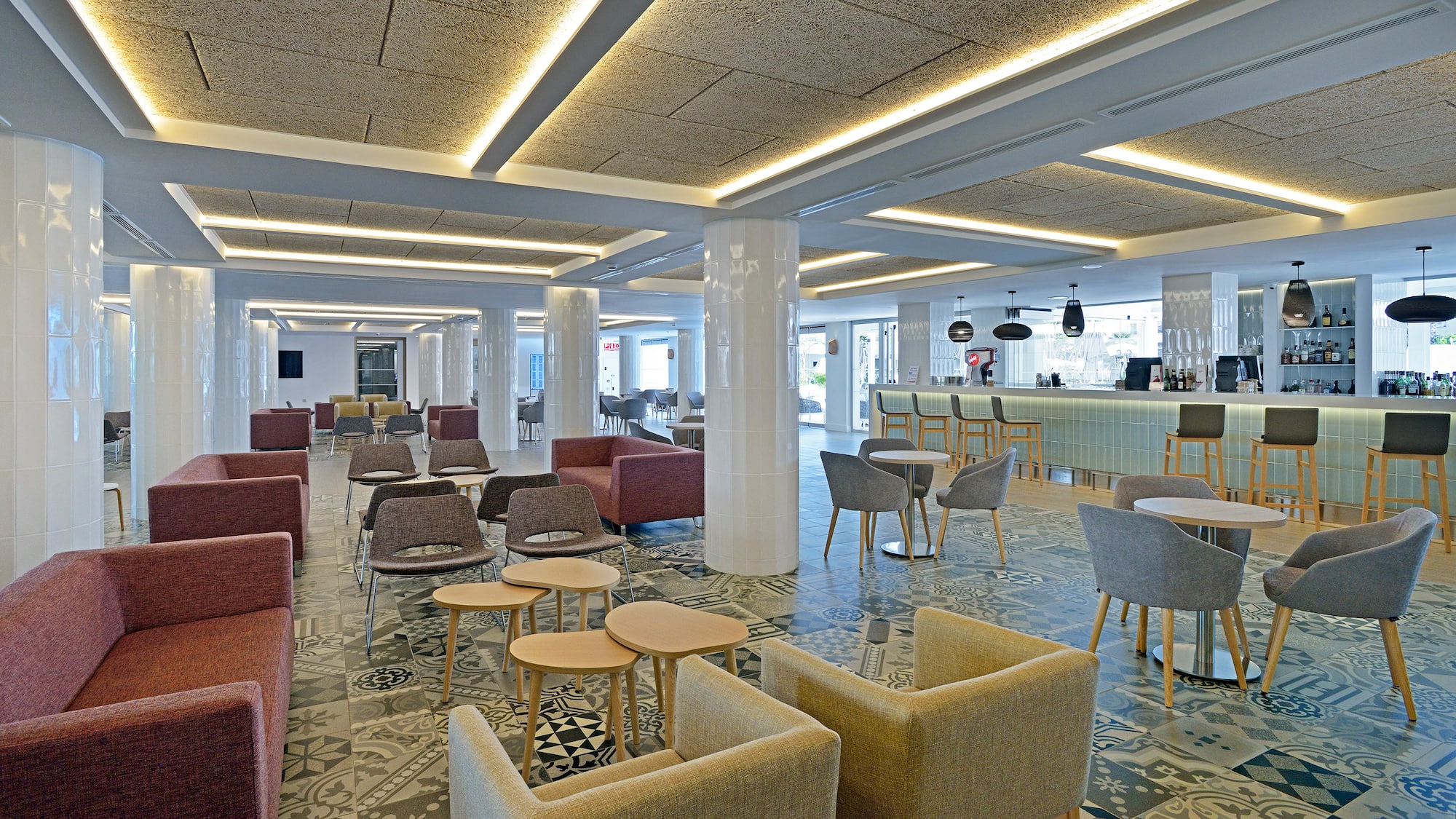 a room with chairs and tables