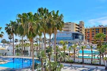 a pool with palm trees and buildings in the background