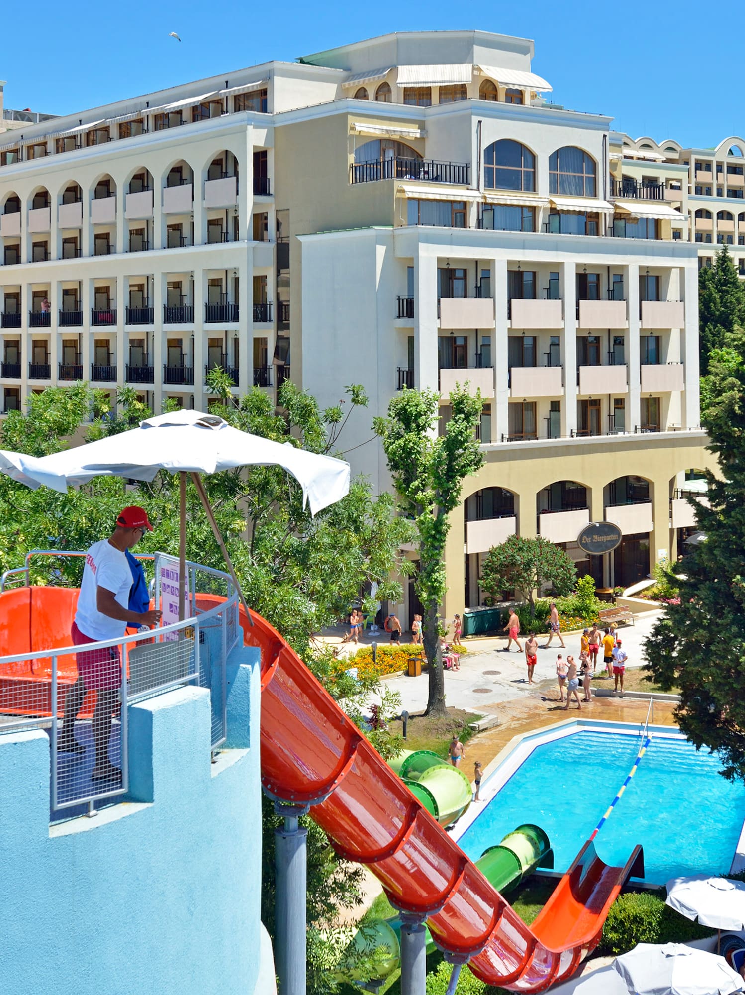 a water slide in a pool