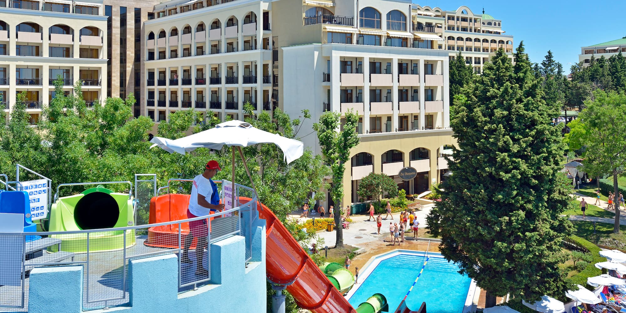 a water slide in a pool
