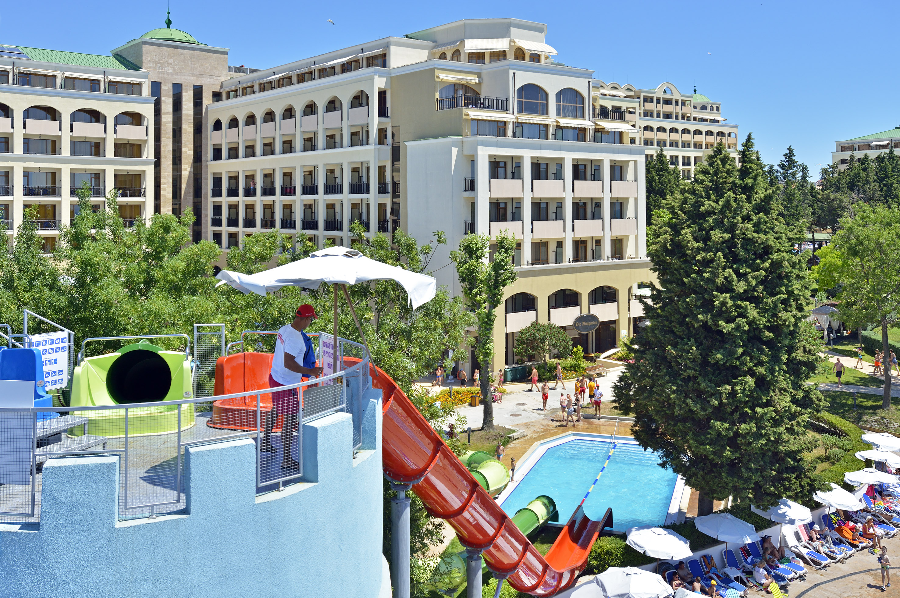 a water slide in a pool