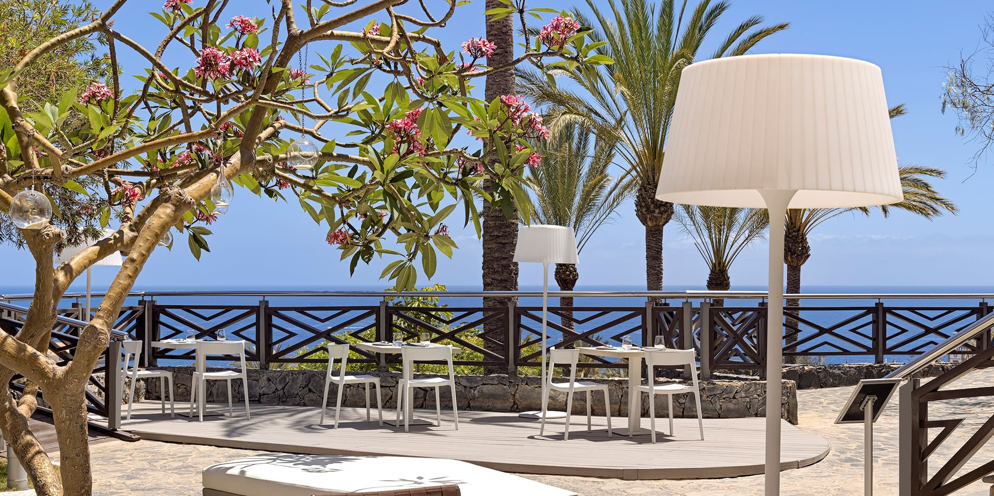 a table and chairs outside with a tree and a beach in the background