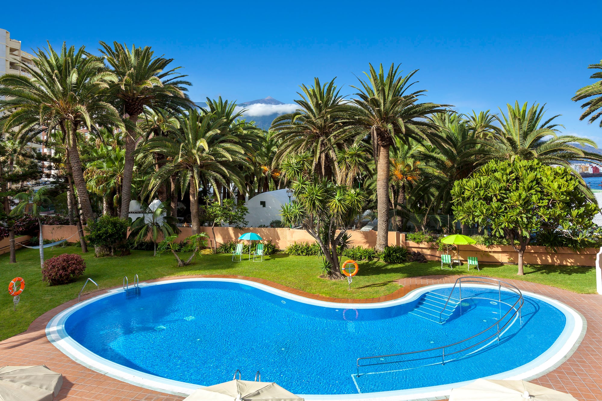 Bright blue swimming pool in a tropical garden with palm trees and distant volcano.