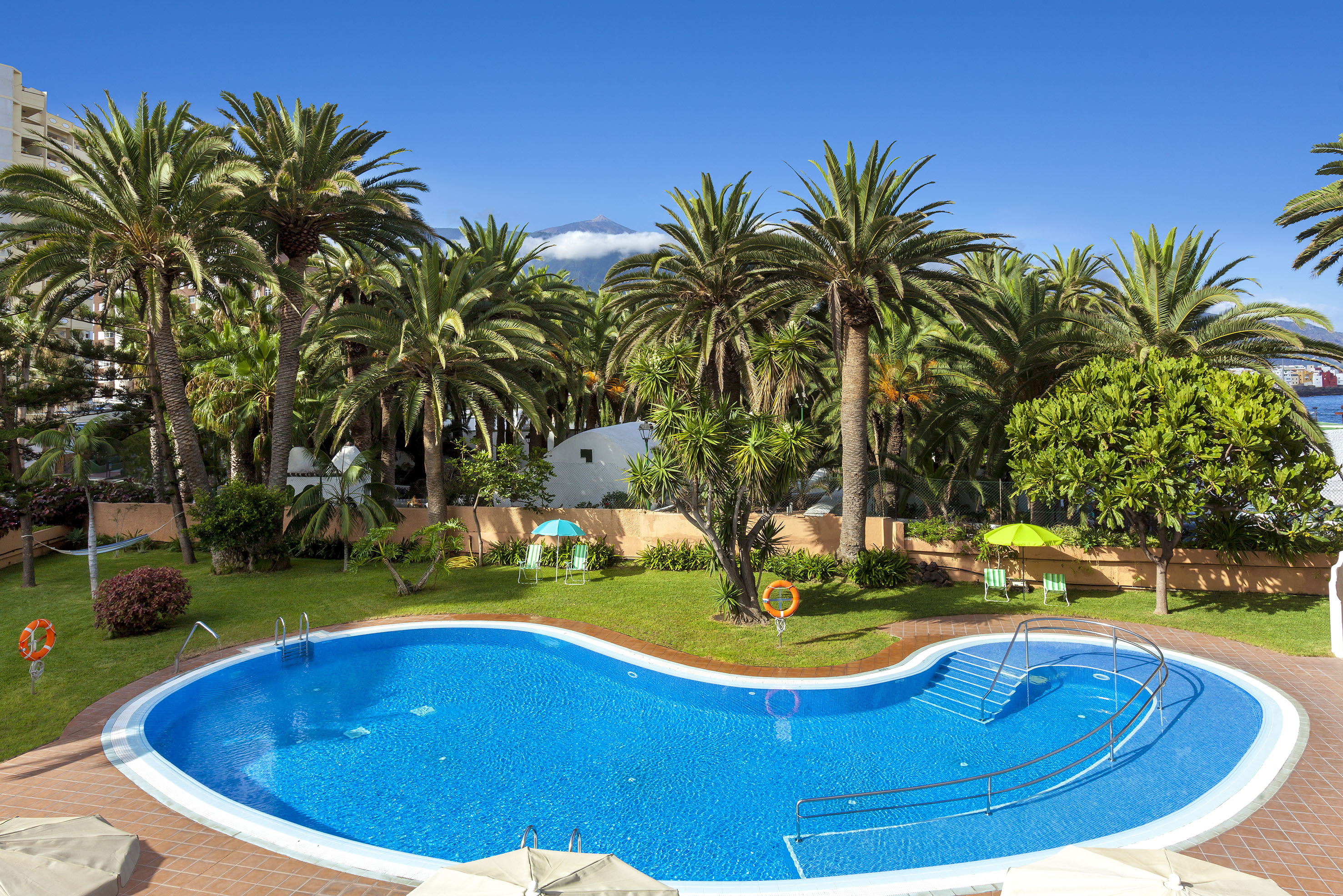 Bright blue swimming pool in a tropical garden with palm trees and distant volcano.