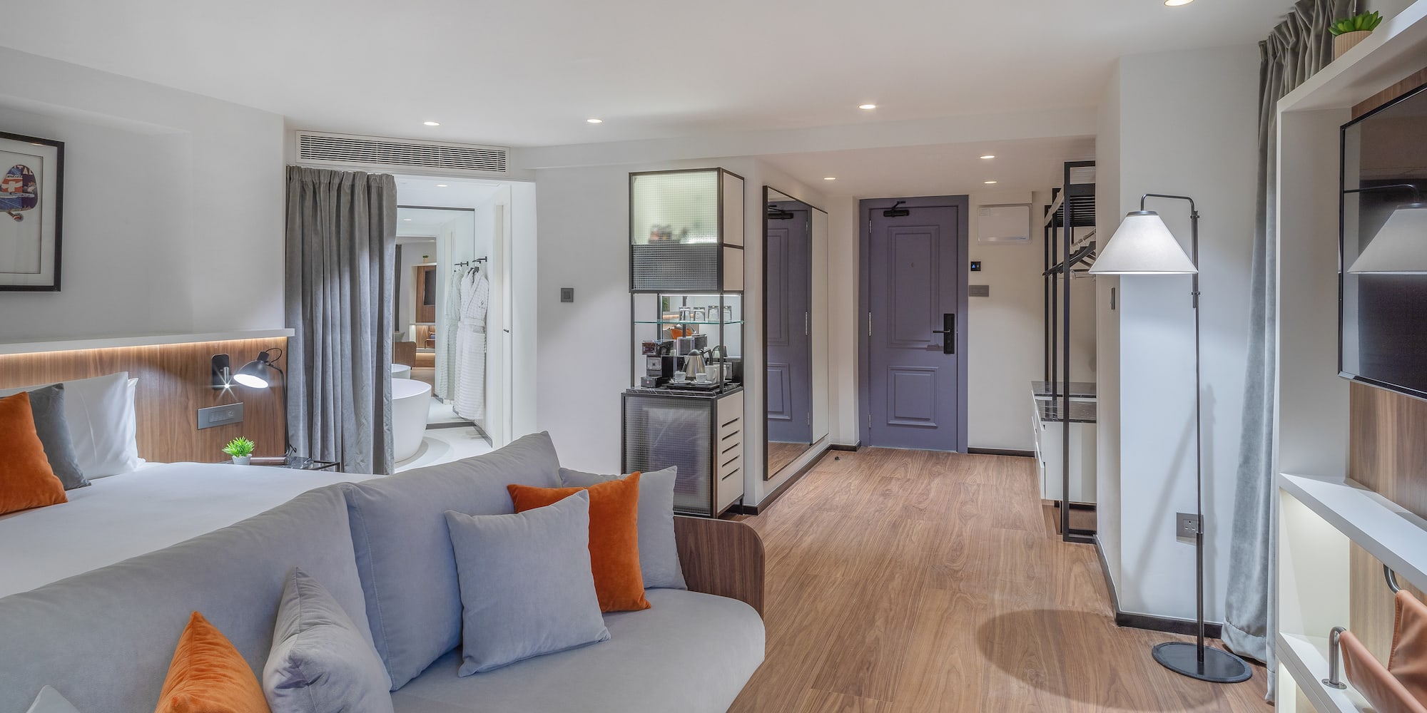 a living room with a couch and a table