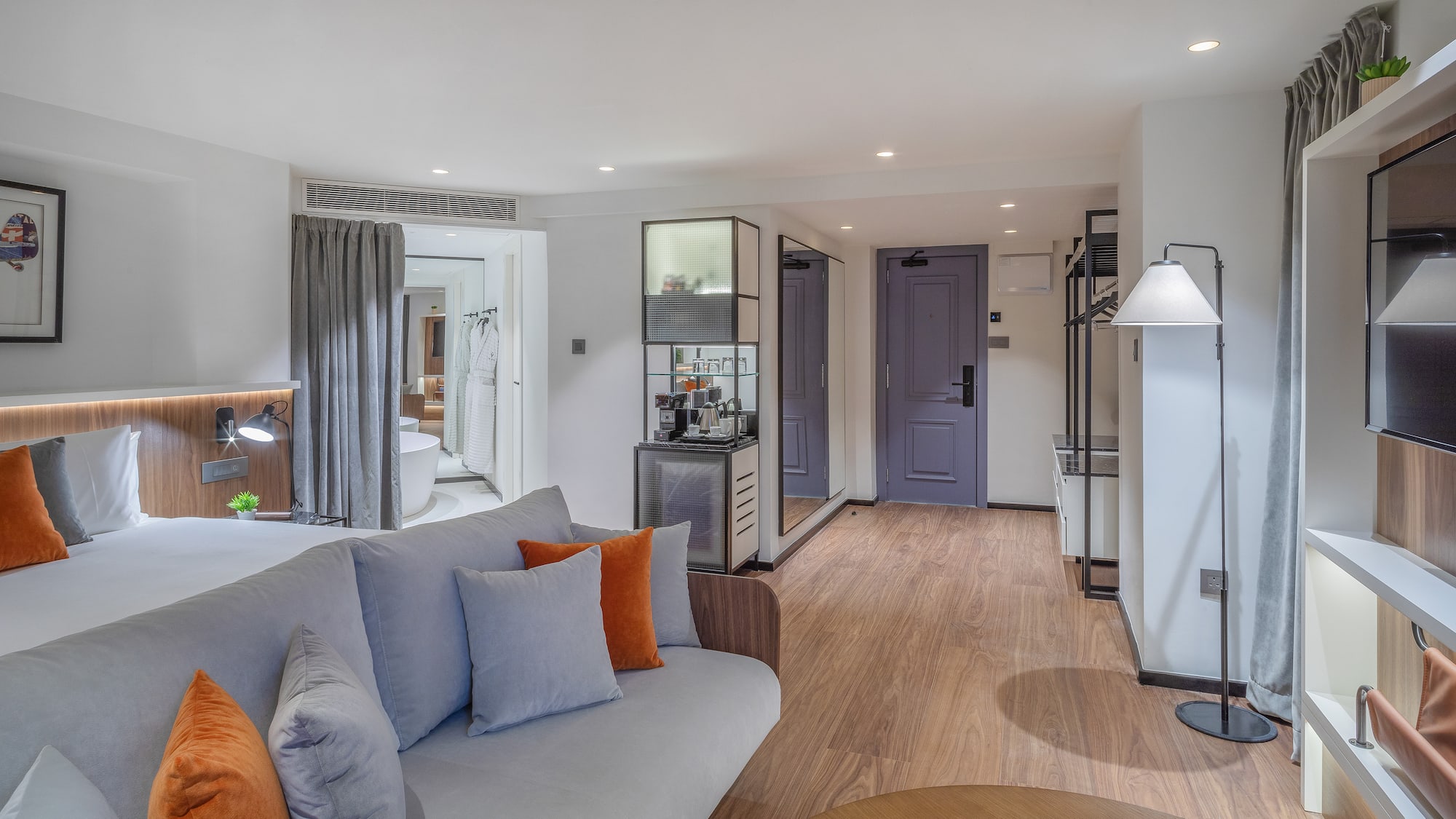 a living room with a couch and a table