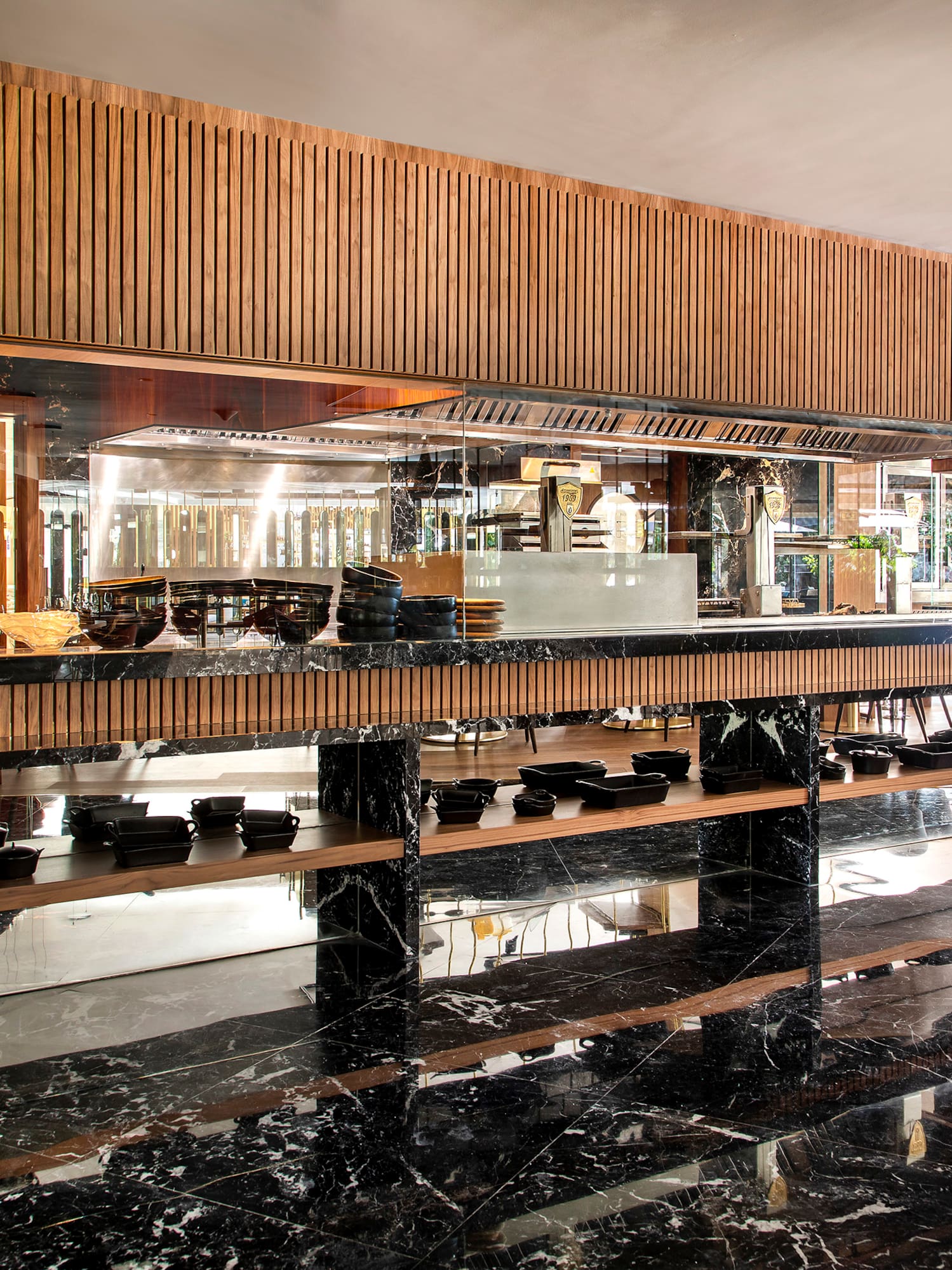 a display of food on shelves
