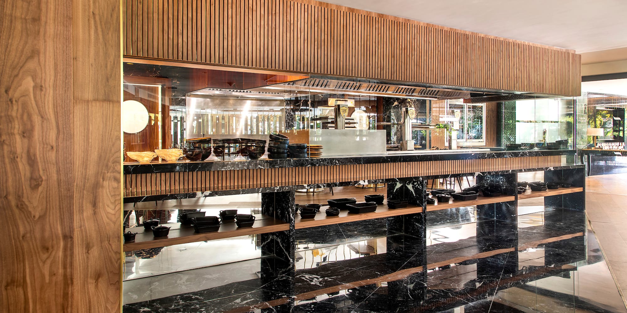 a display of food on shelves