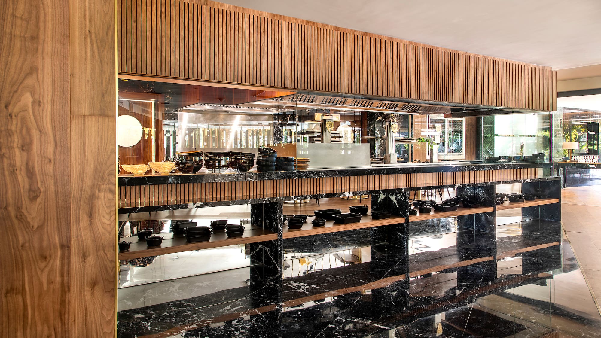 a display of food on shelves