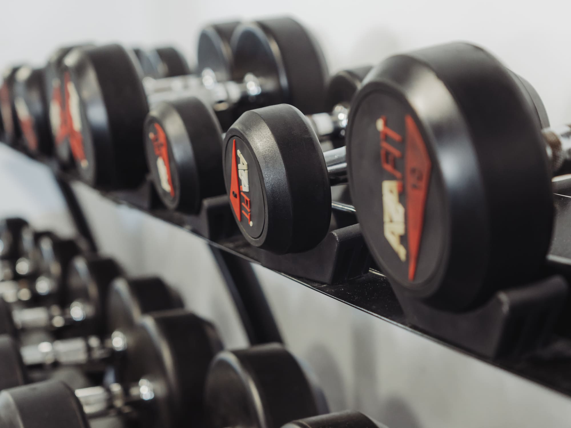 a row of dumbbells on a shelf