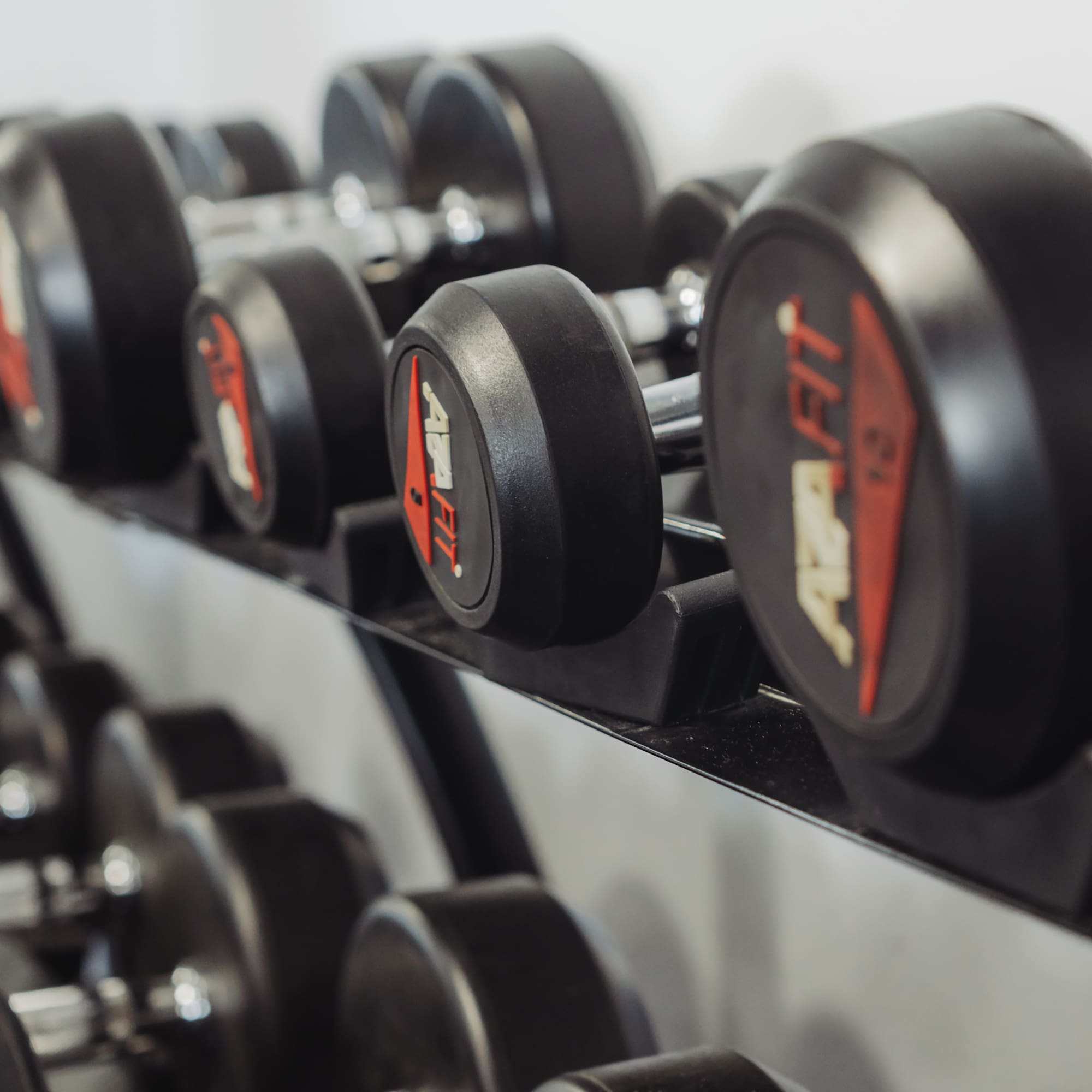 a row of dumbbells on a shelf