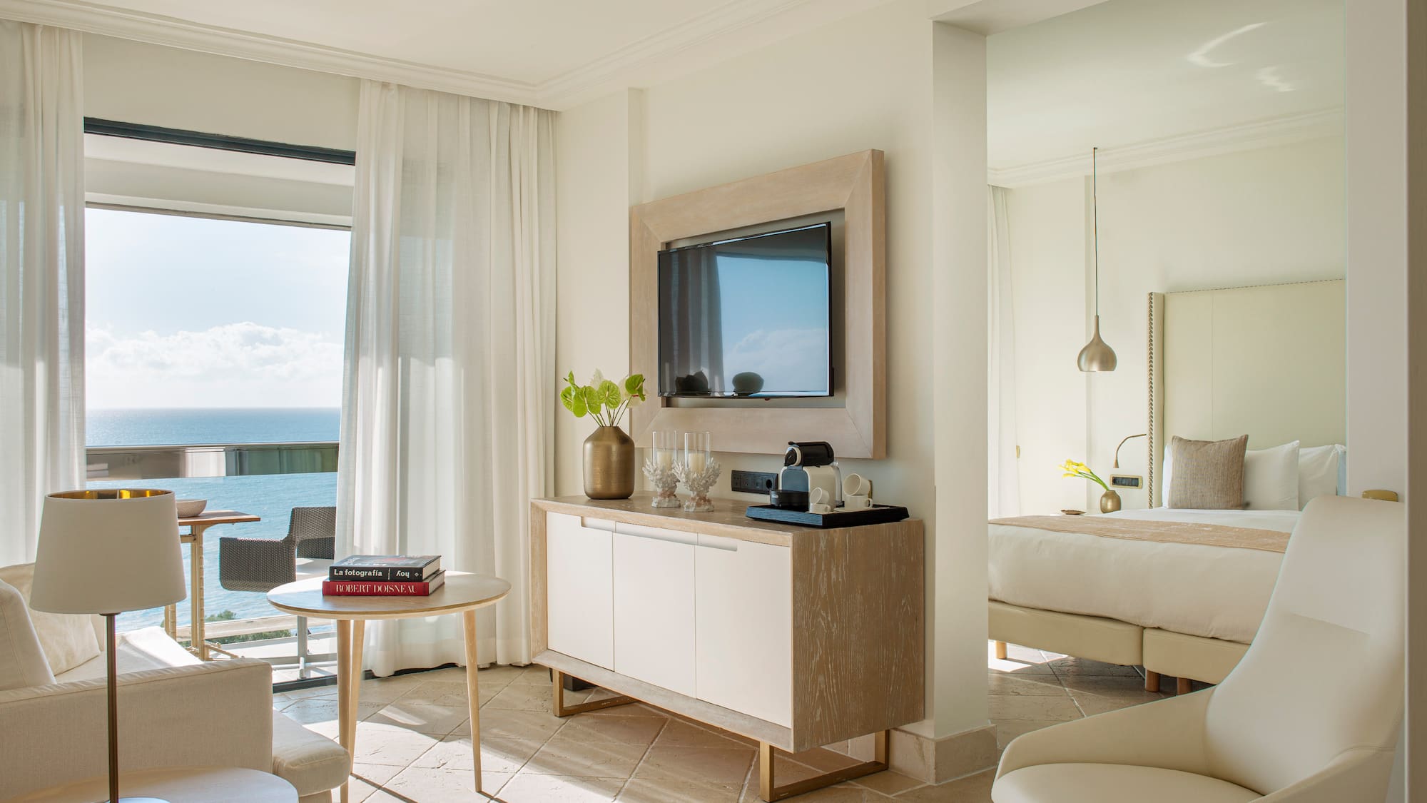 a room with a television and a table