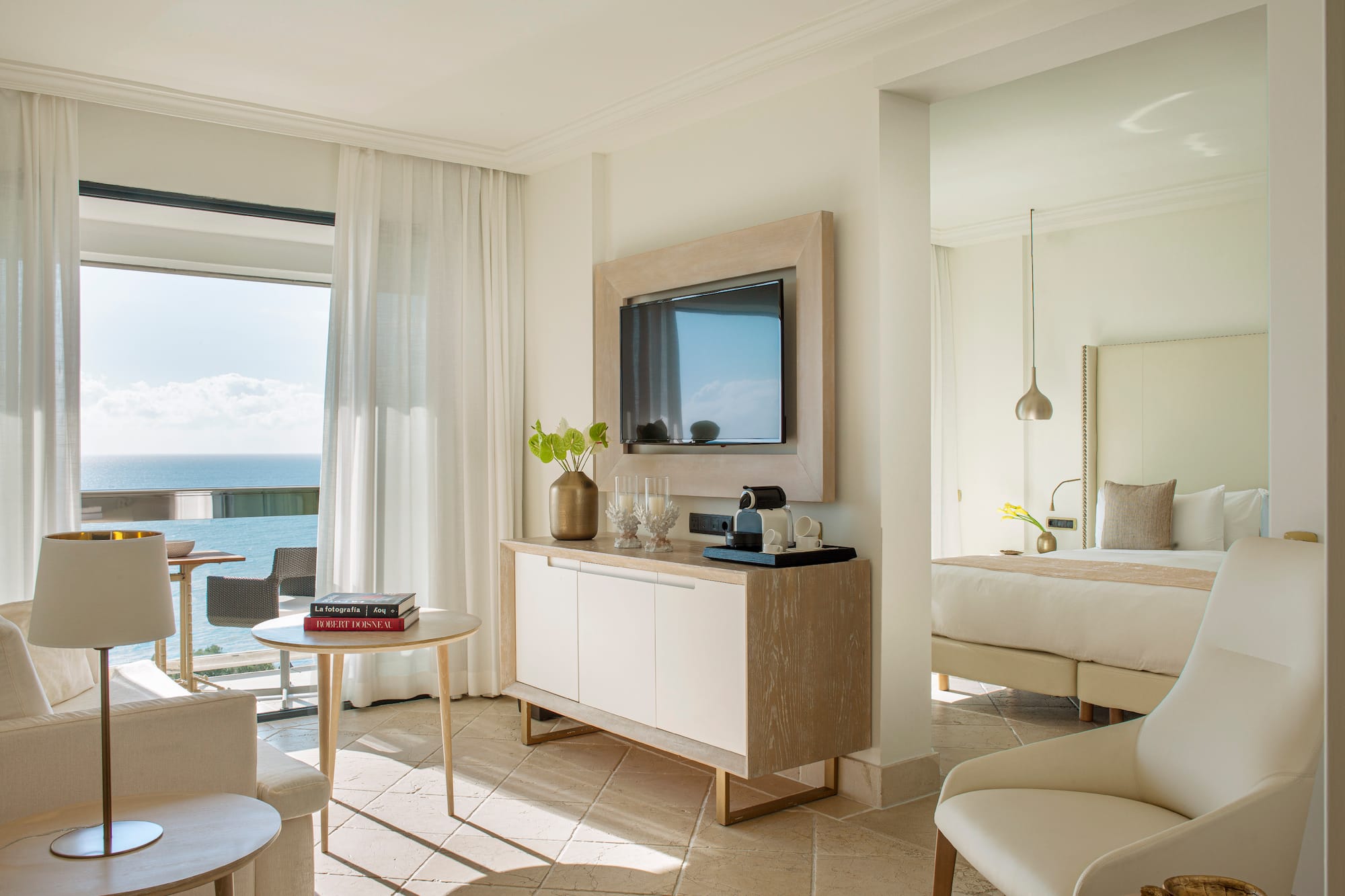 a room with a television and a table