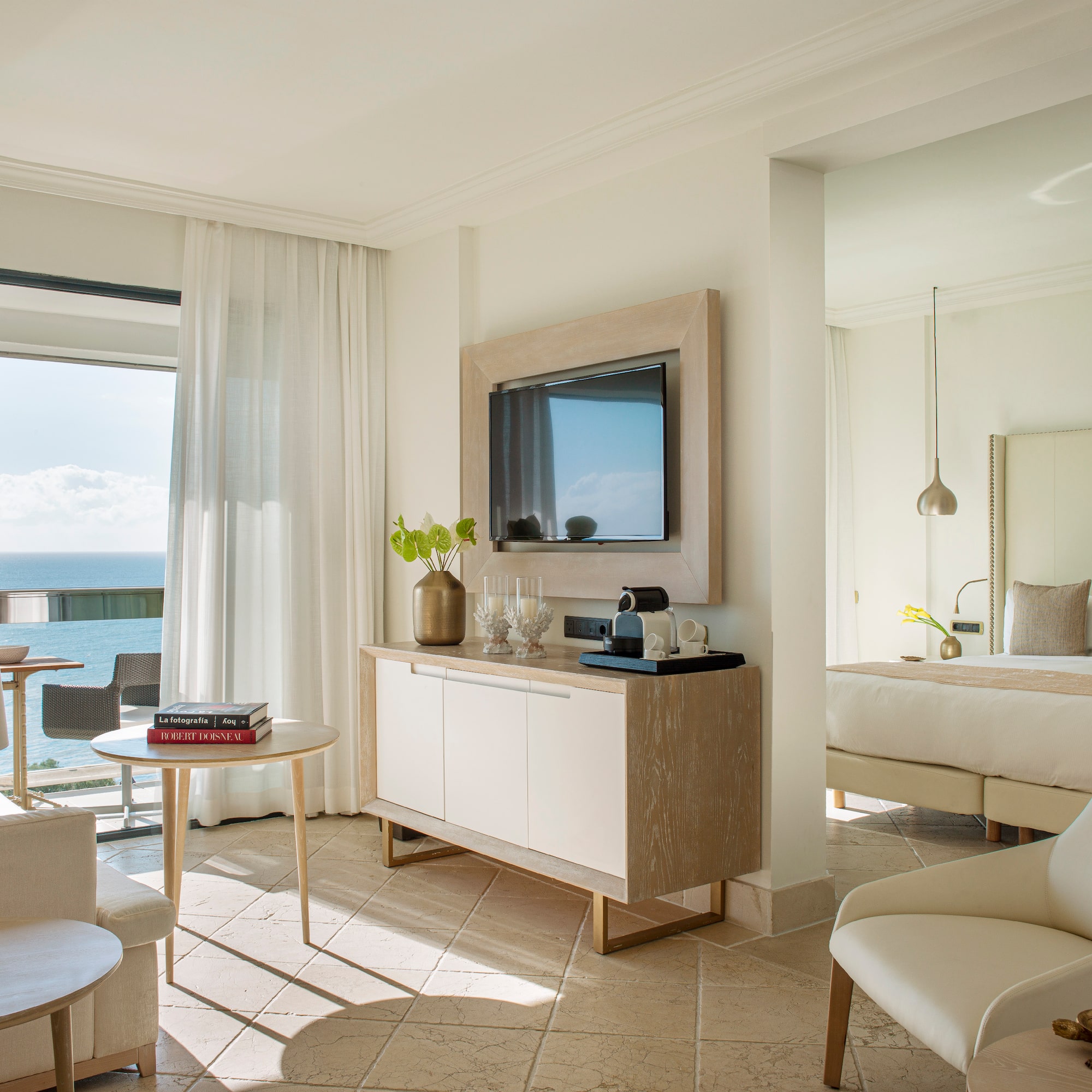 a room with a television and a table