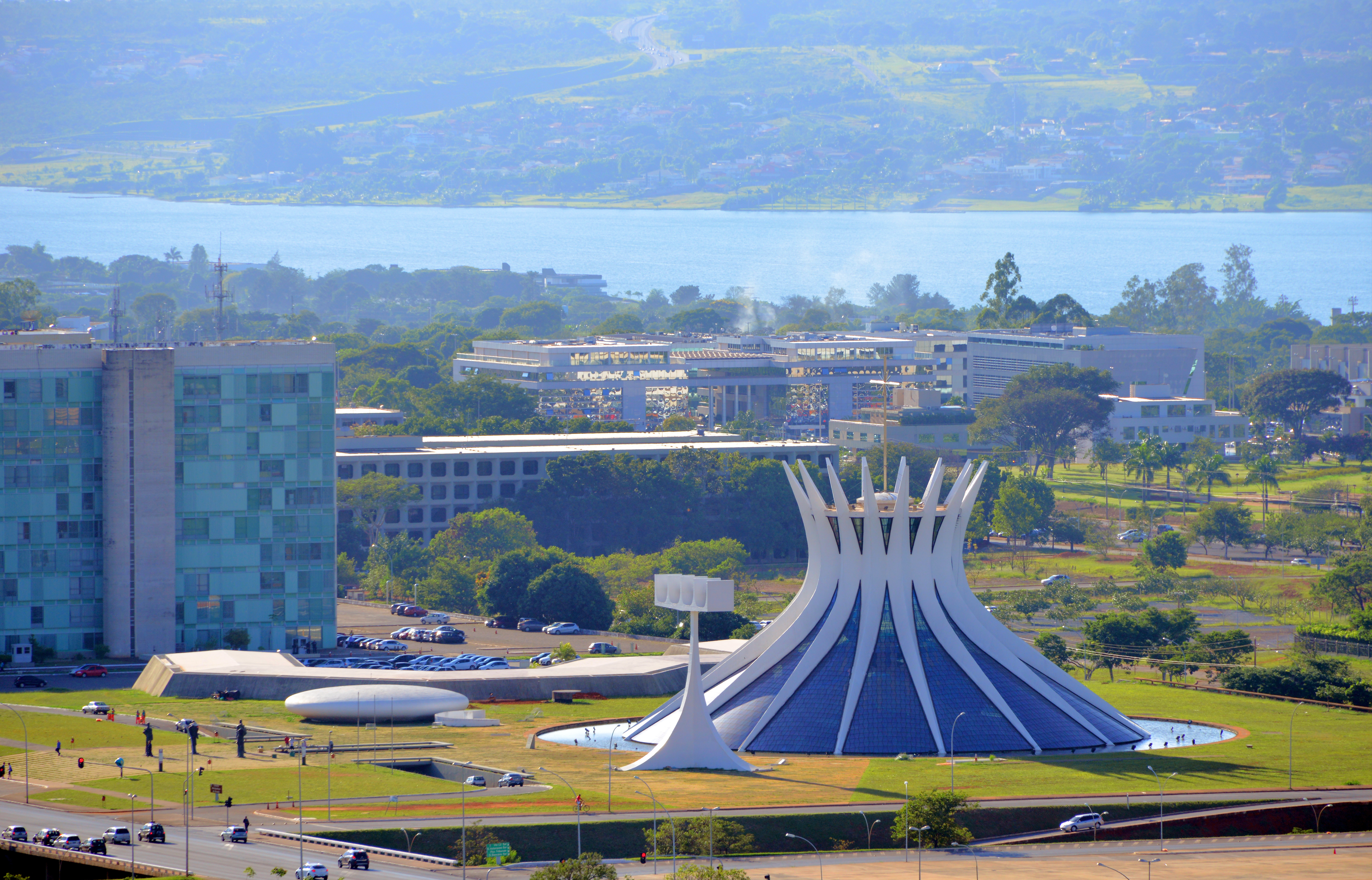 a building with a large dome and a large building with a large body of water