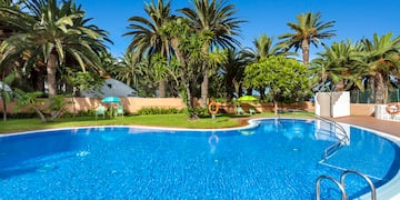 a pool with palm trees and a fence