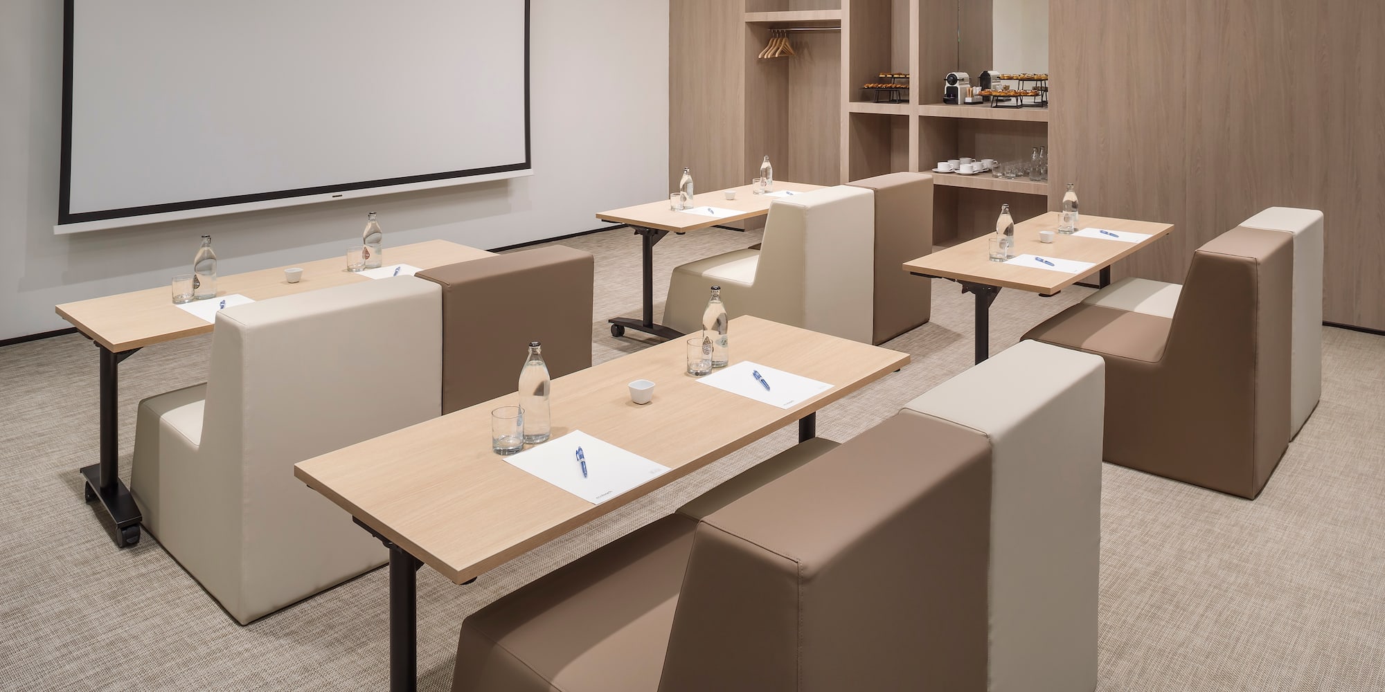 a room with tables and chairs