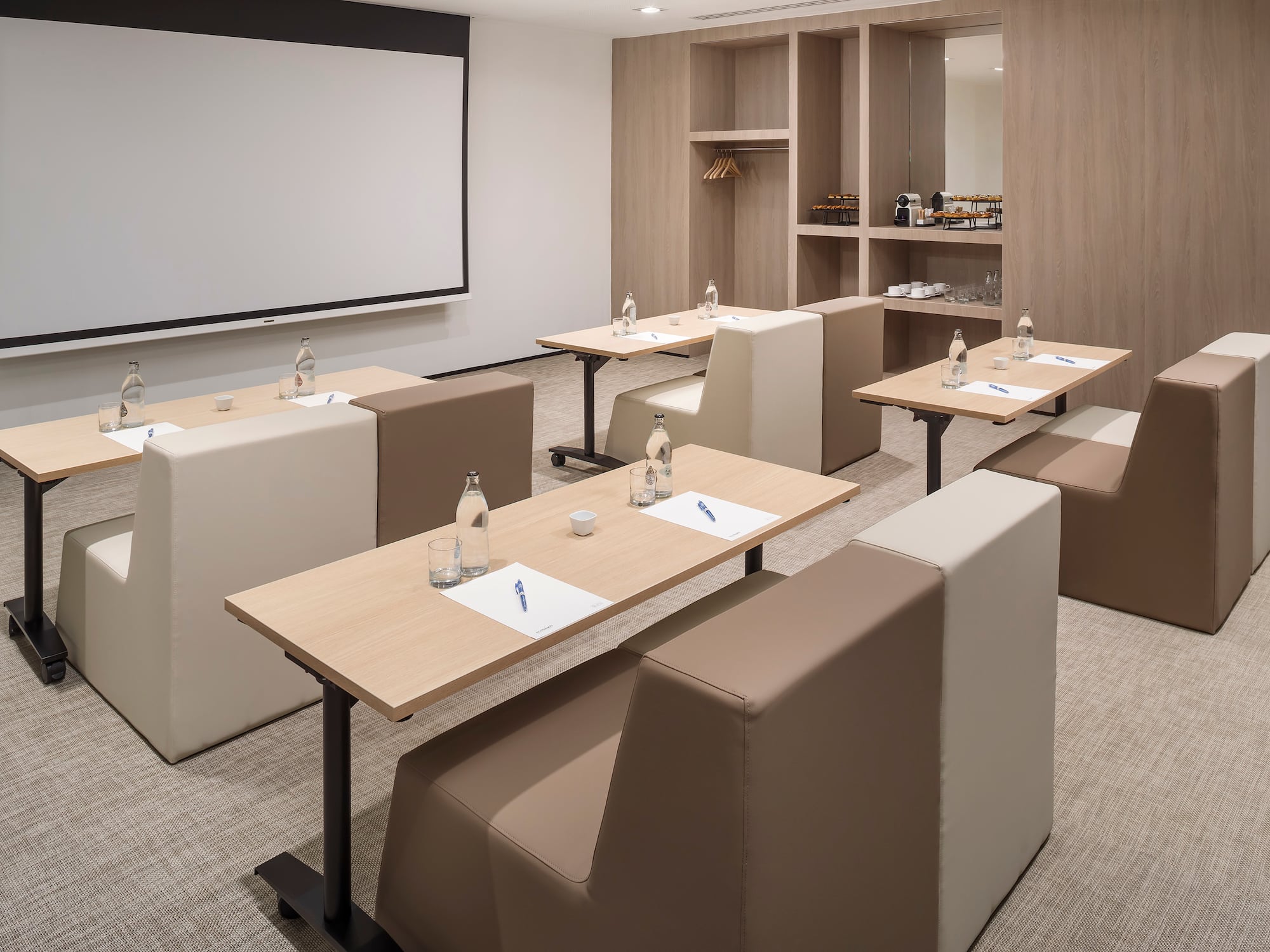 a room with tables and chairs