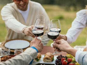 a group of people clinking wine glasses