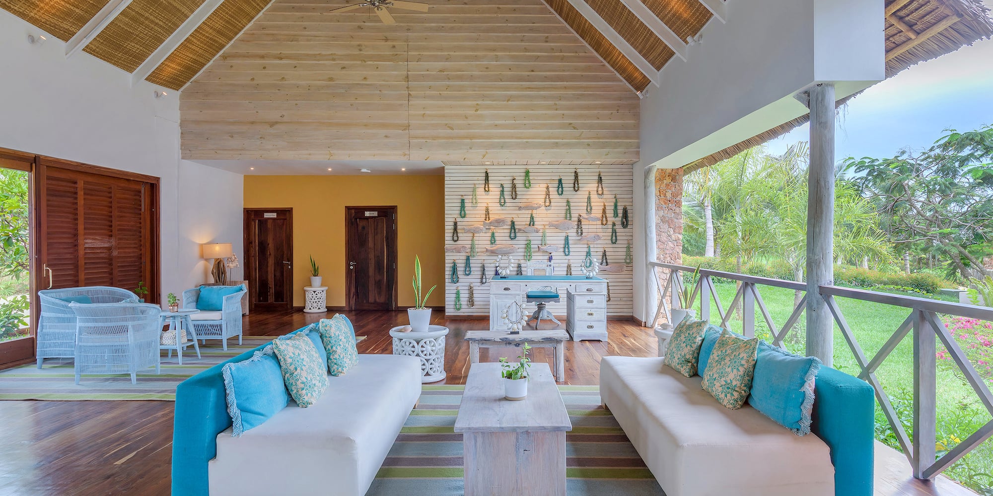 a room with a large ceiling and a large window