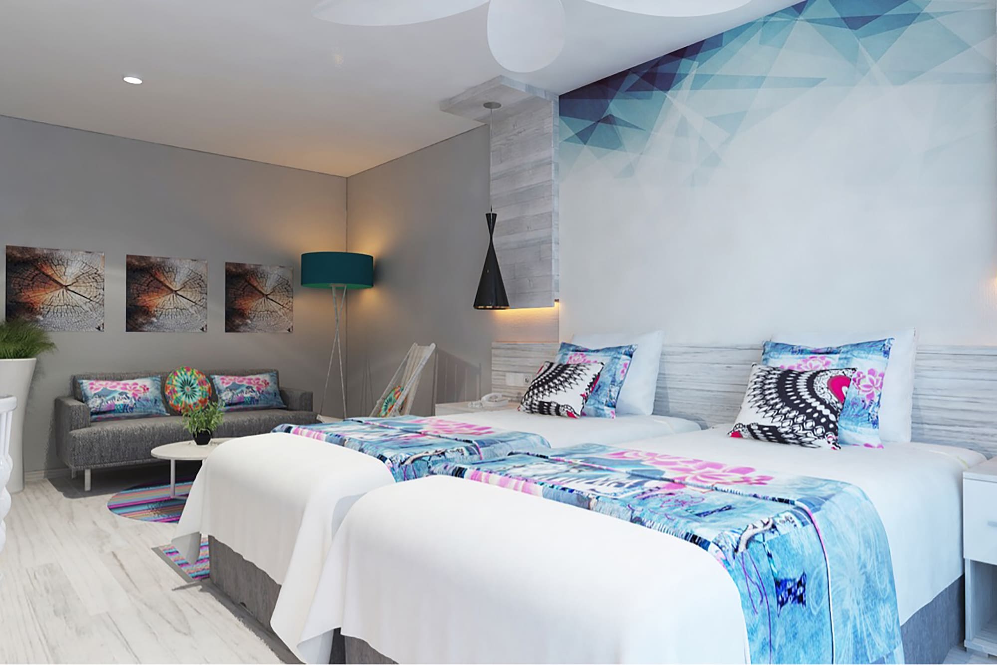 a room with two beds and a lamp