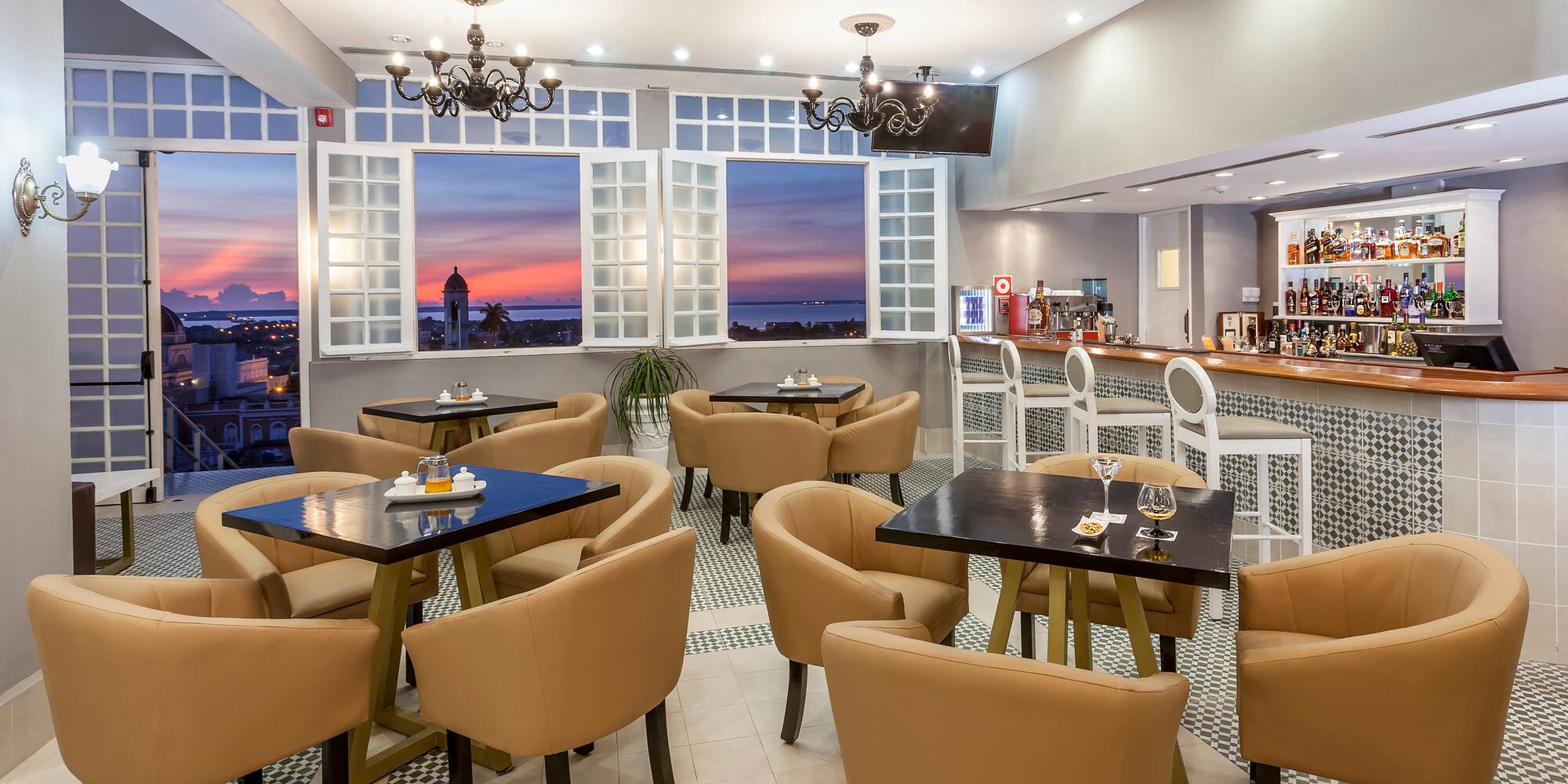 a room with tables and chairs