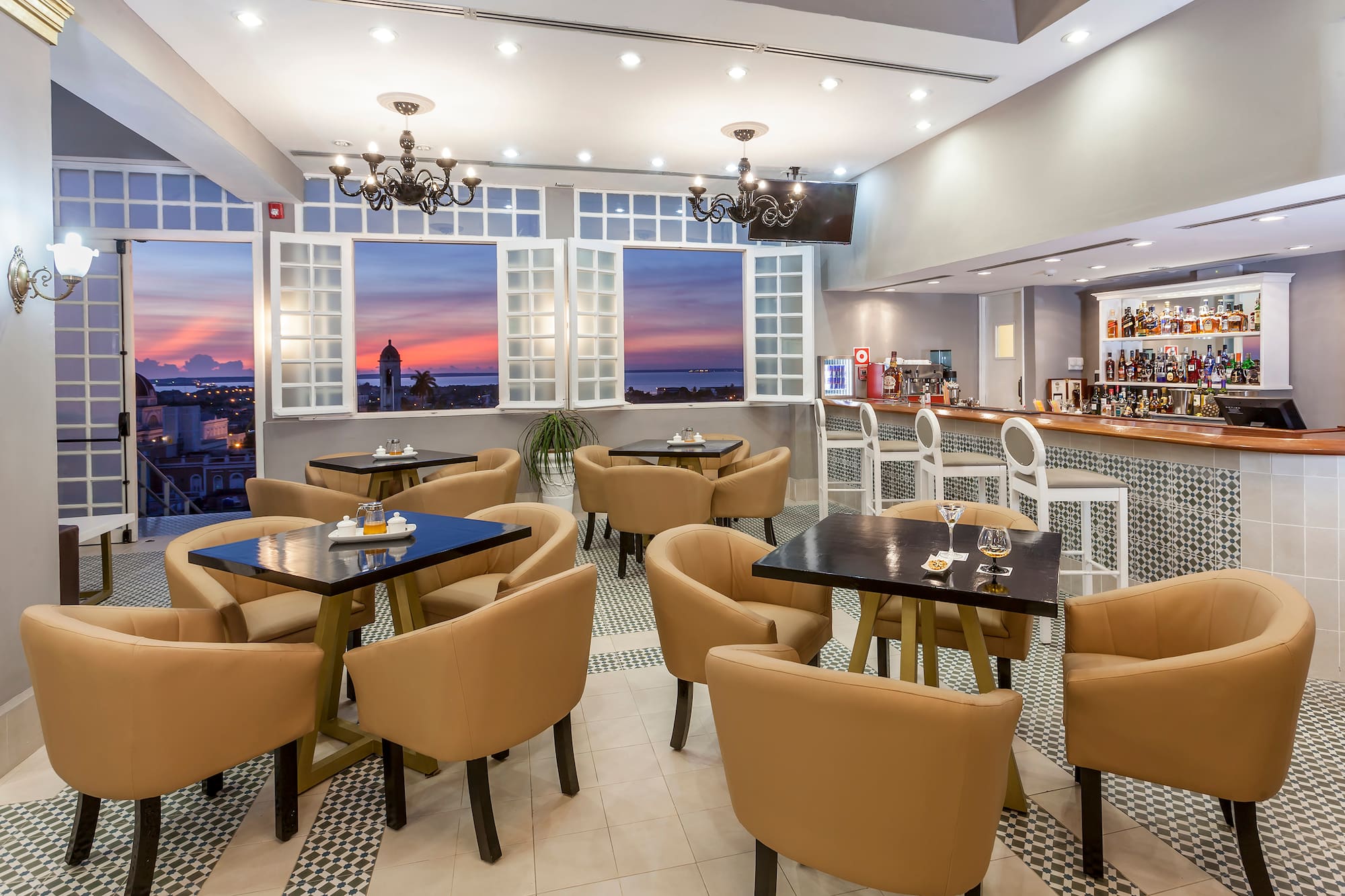 a room with tables and chairs