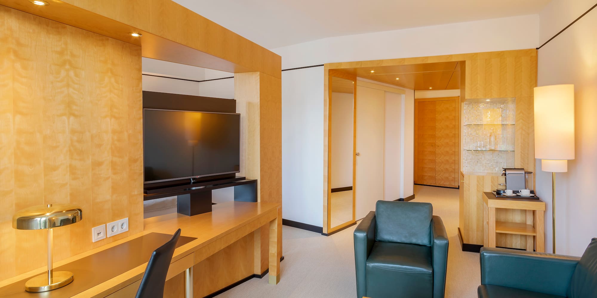 a room with a television and a table