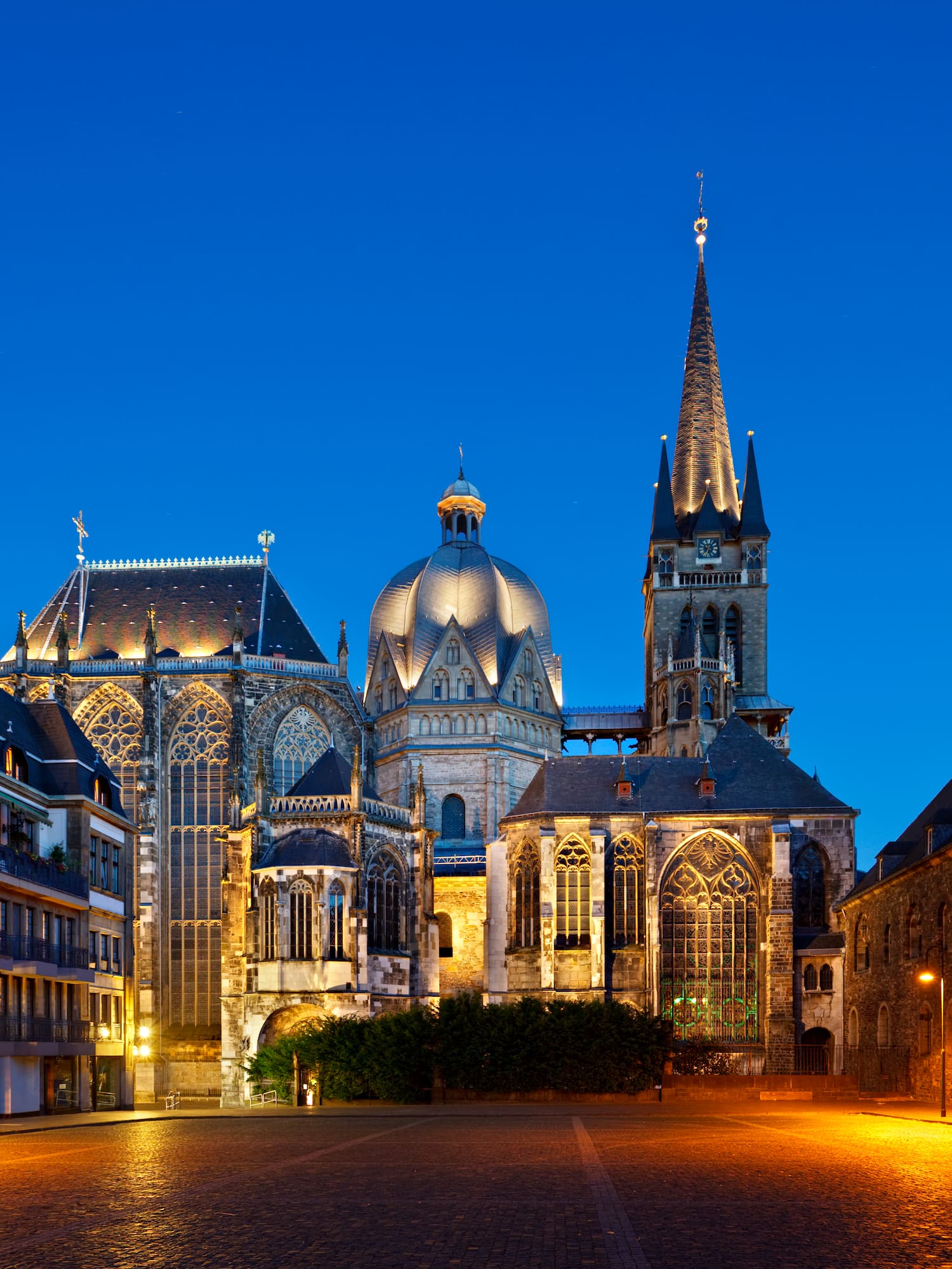 a street with buildings and a church