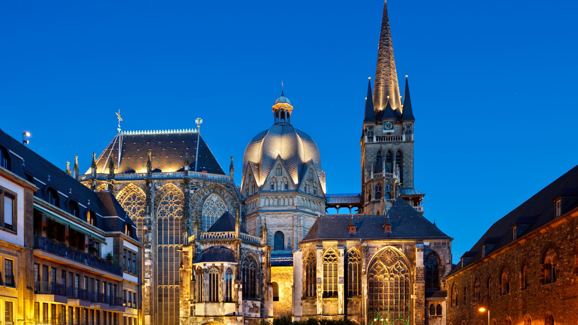 a street with buildings and a church