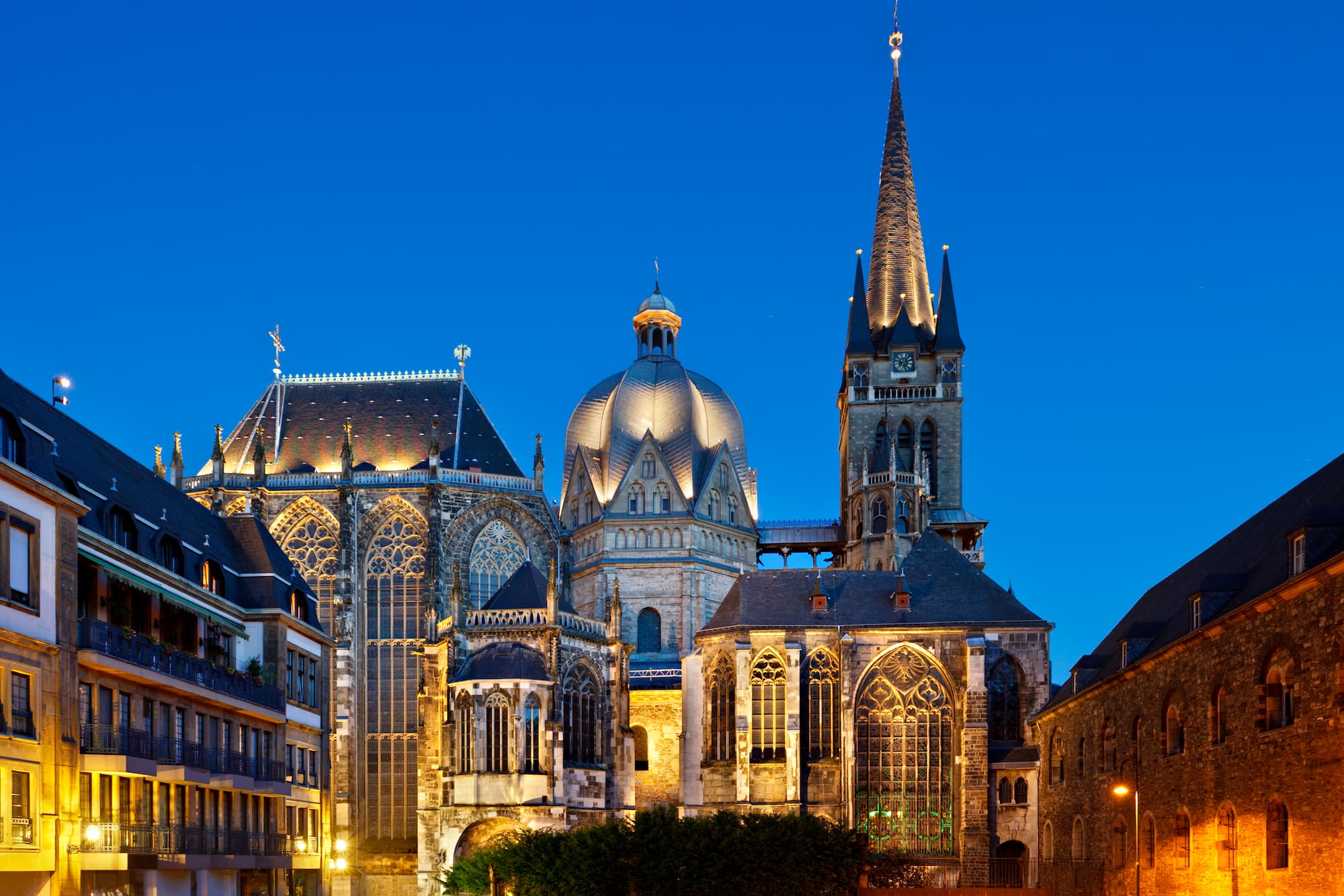a street with buildings and a church