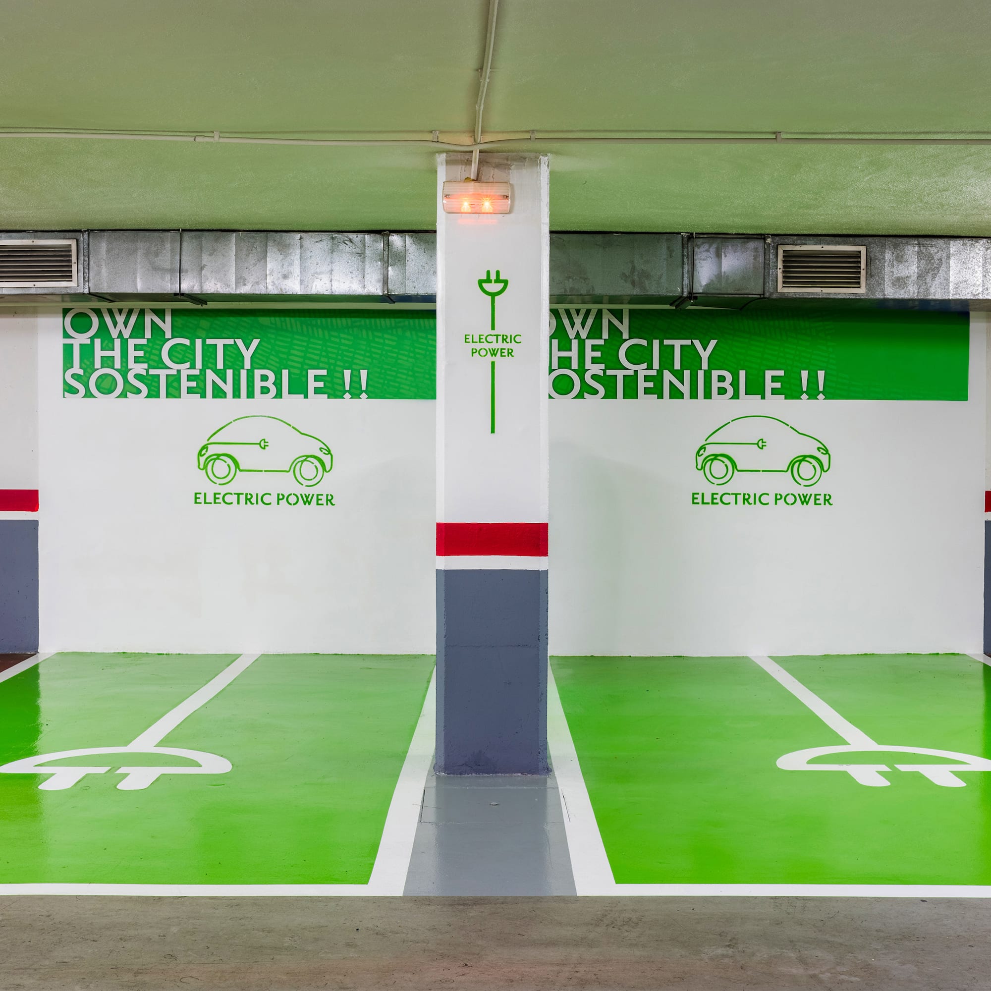 a green and white parking garage