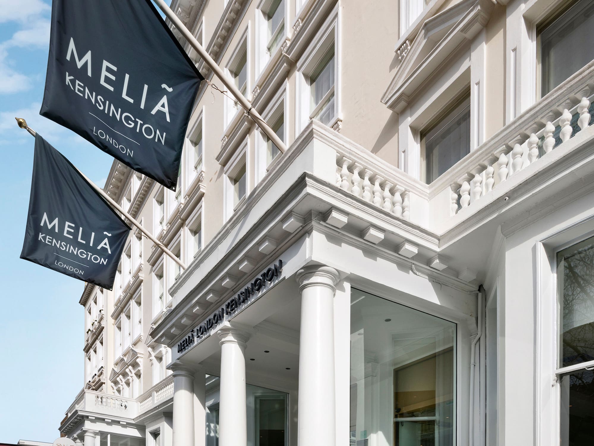 a building with black flags