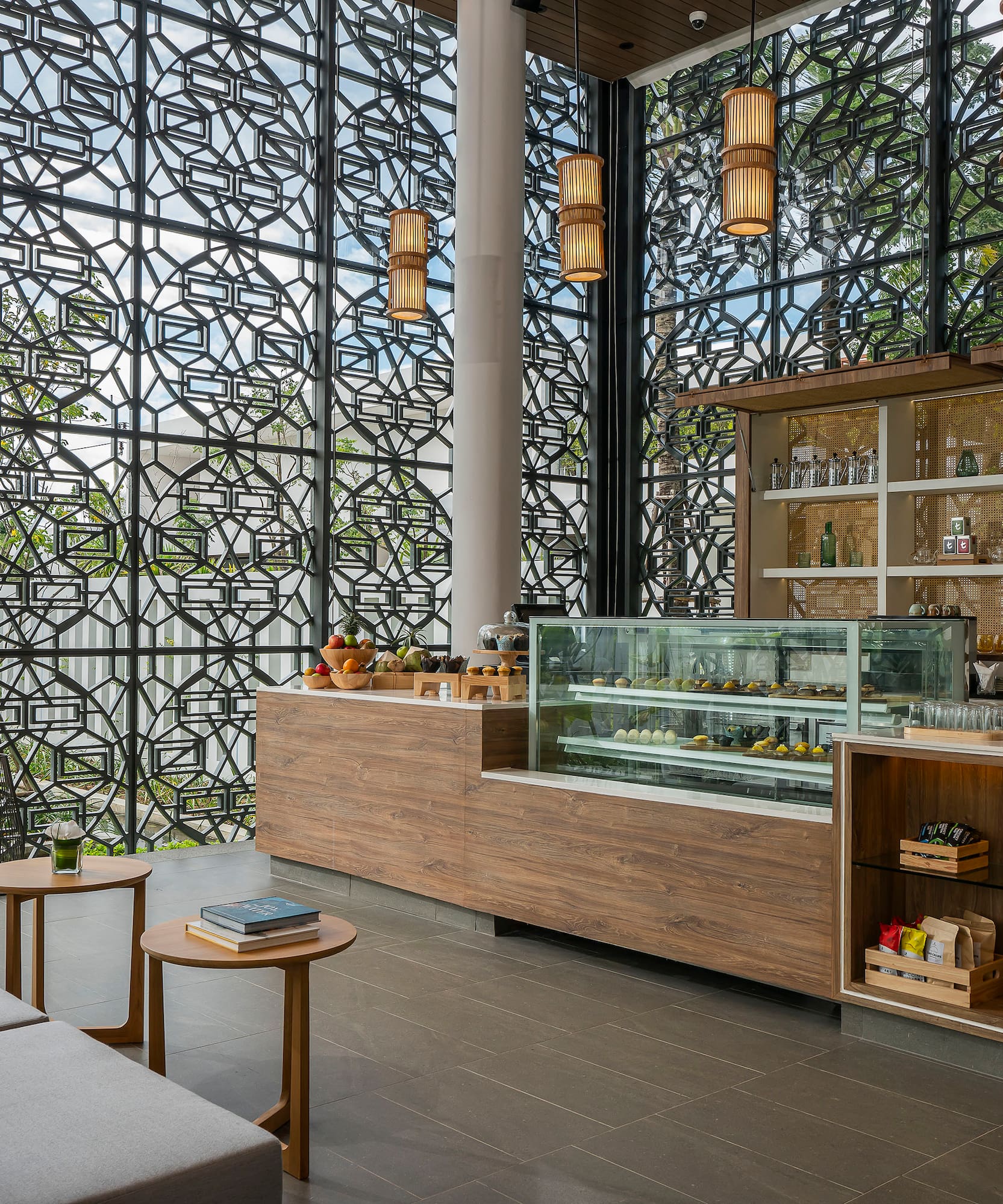 a room with a large window and a counter