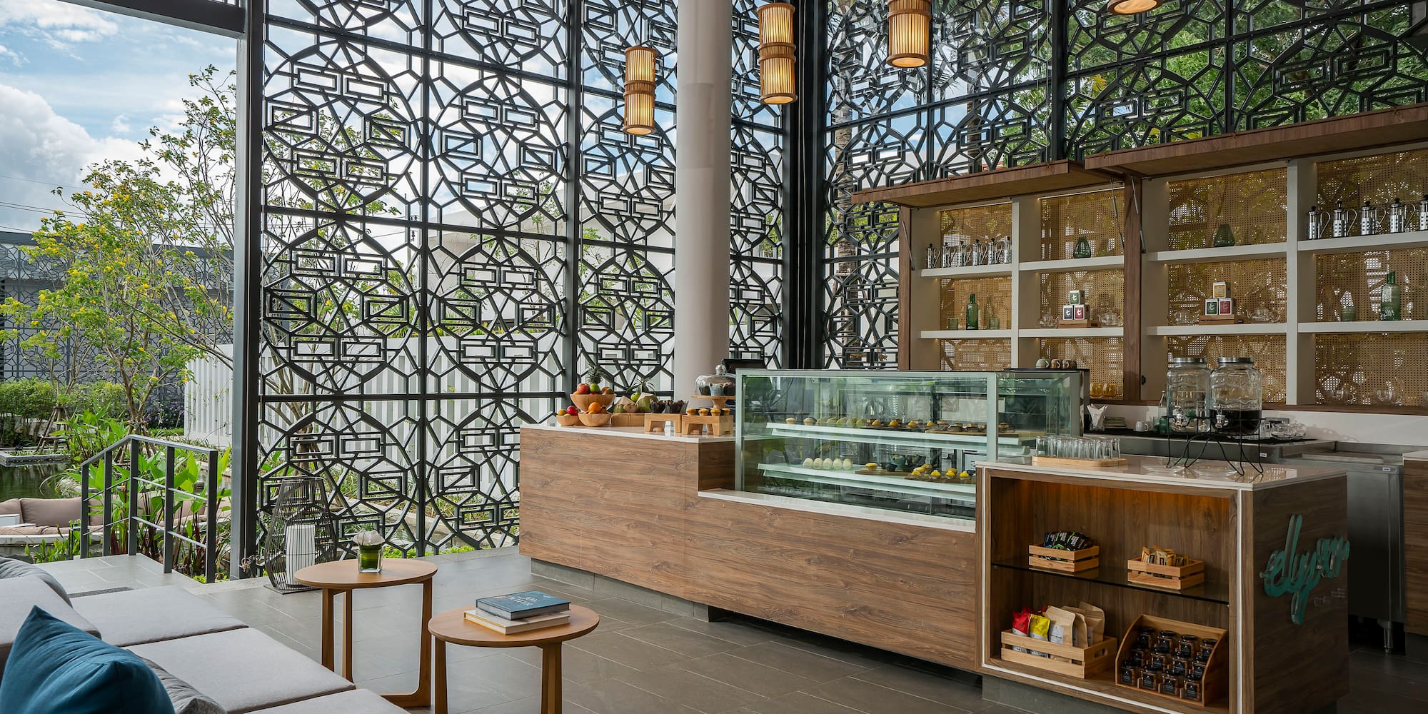 a room with a large window and a counter