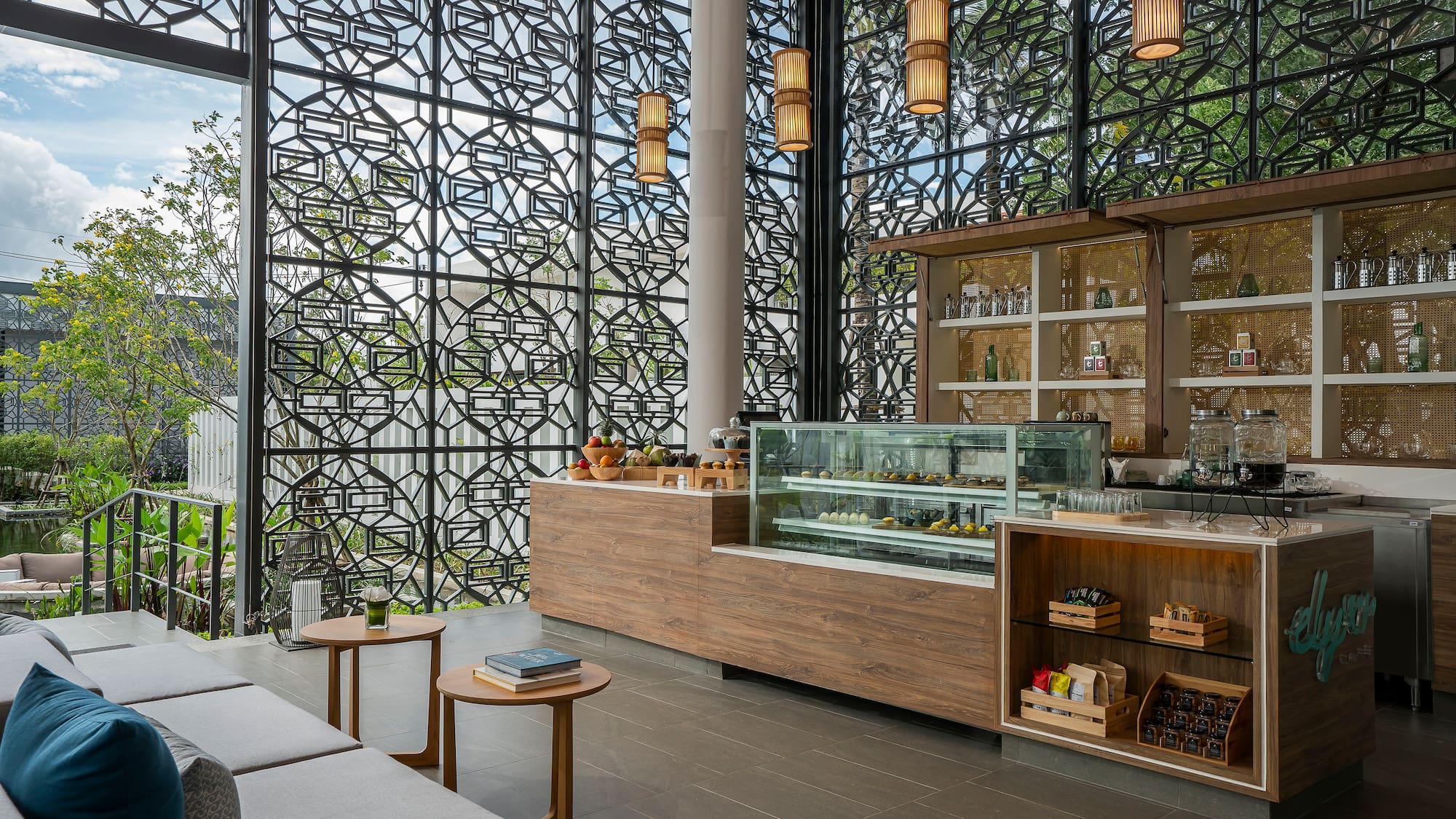 a room with a large window and a counter