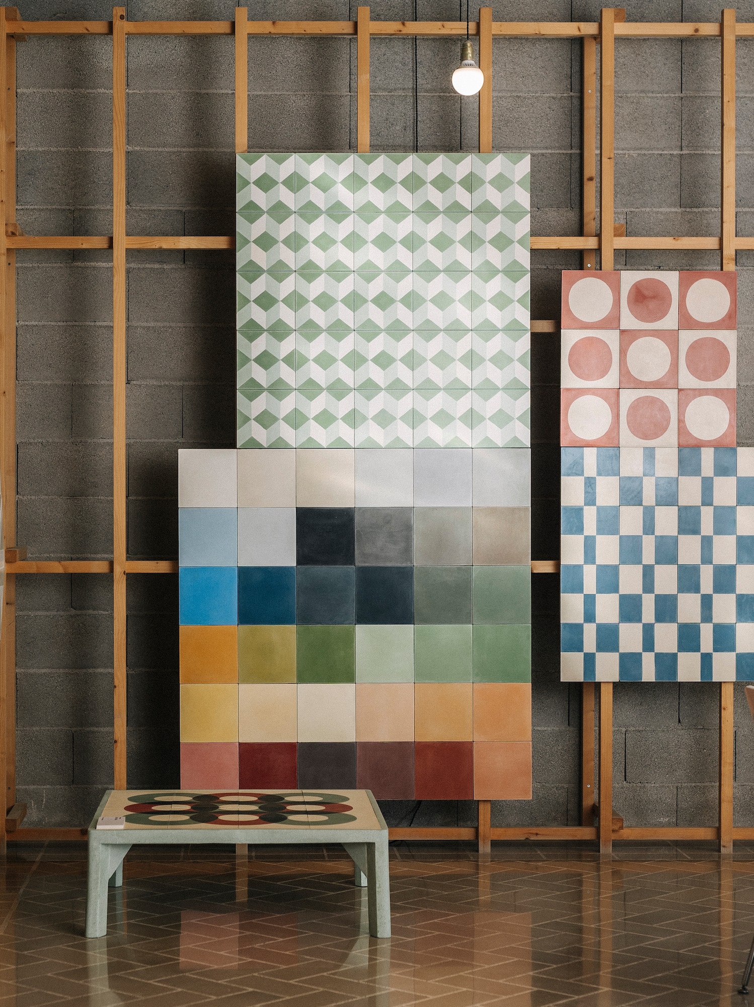 a room with a table and chairs and a board