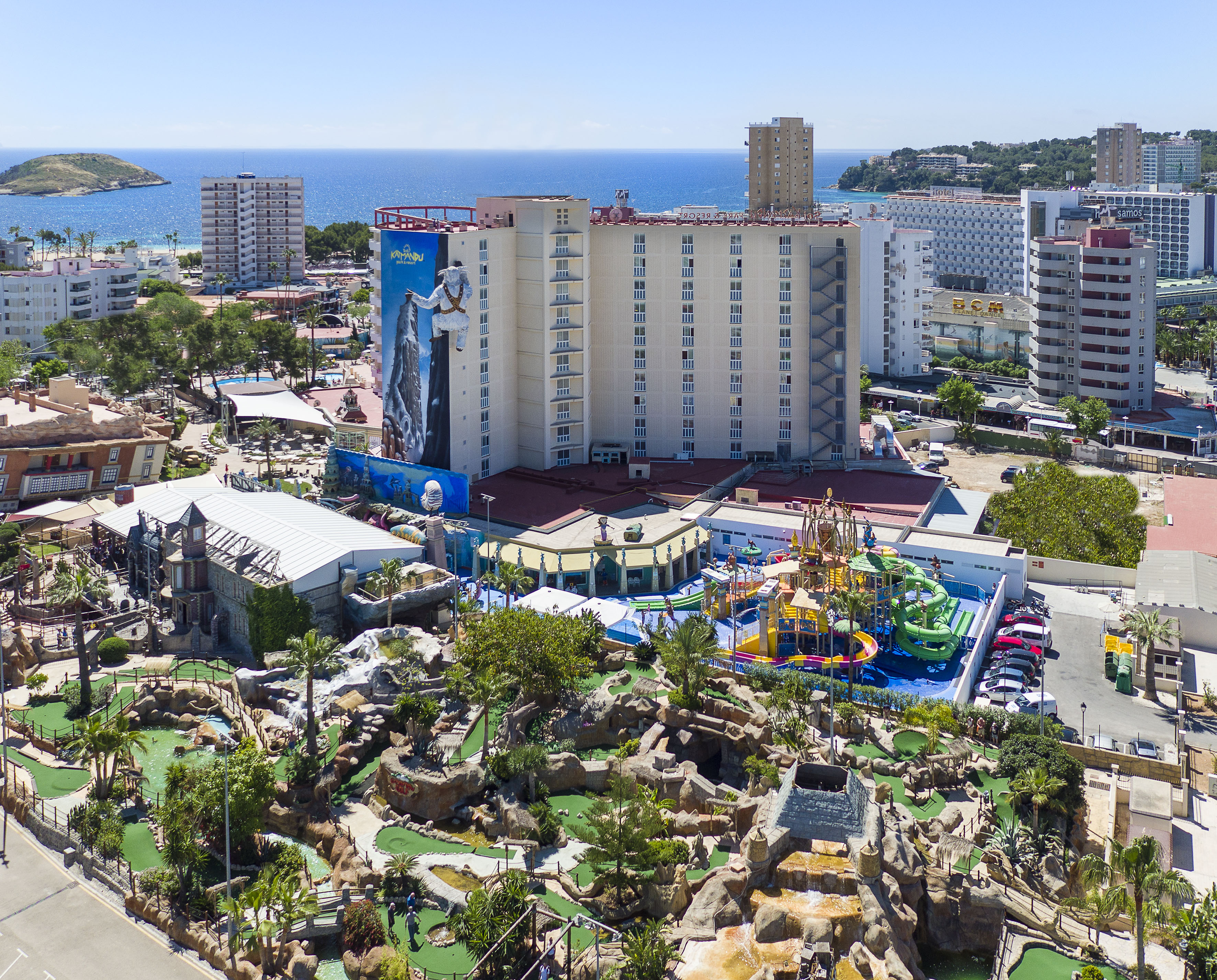 Aerial view of Katmandu Park resort, hotel, water park, mini golf, ocean.