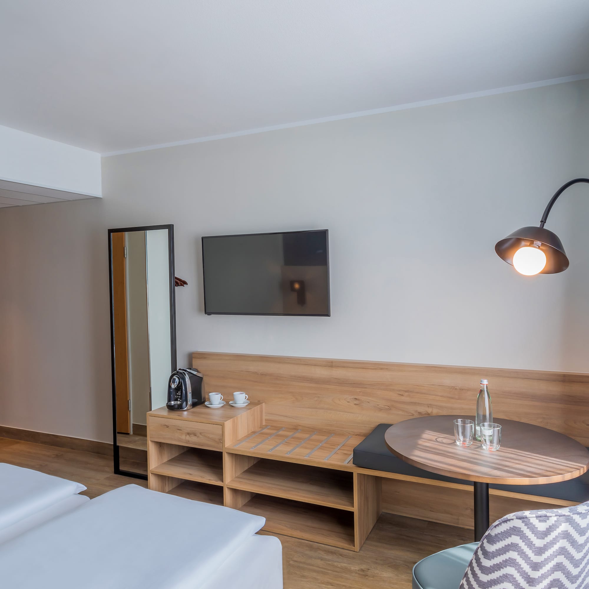 a room with a table and chairs