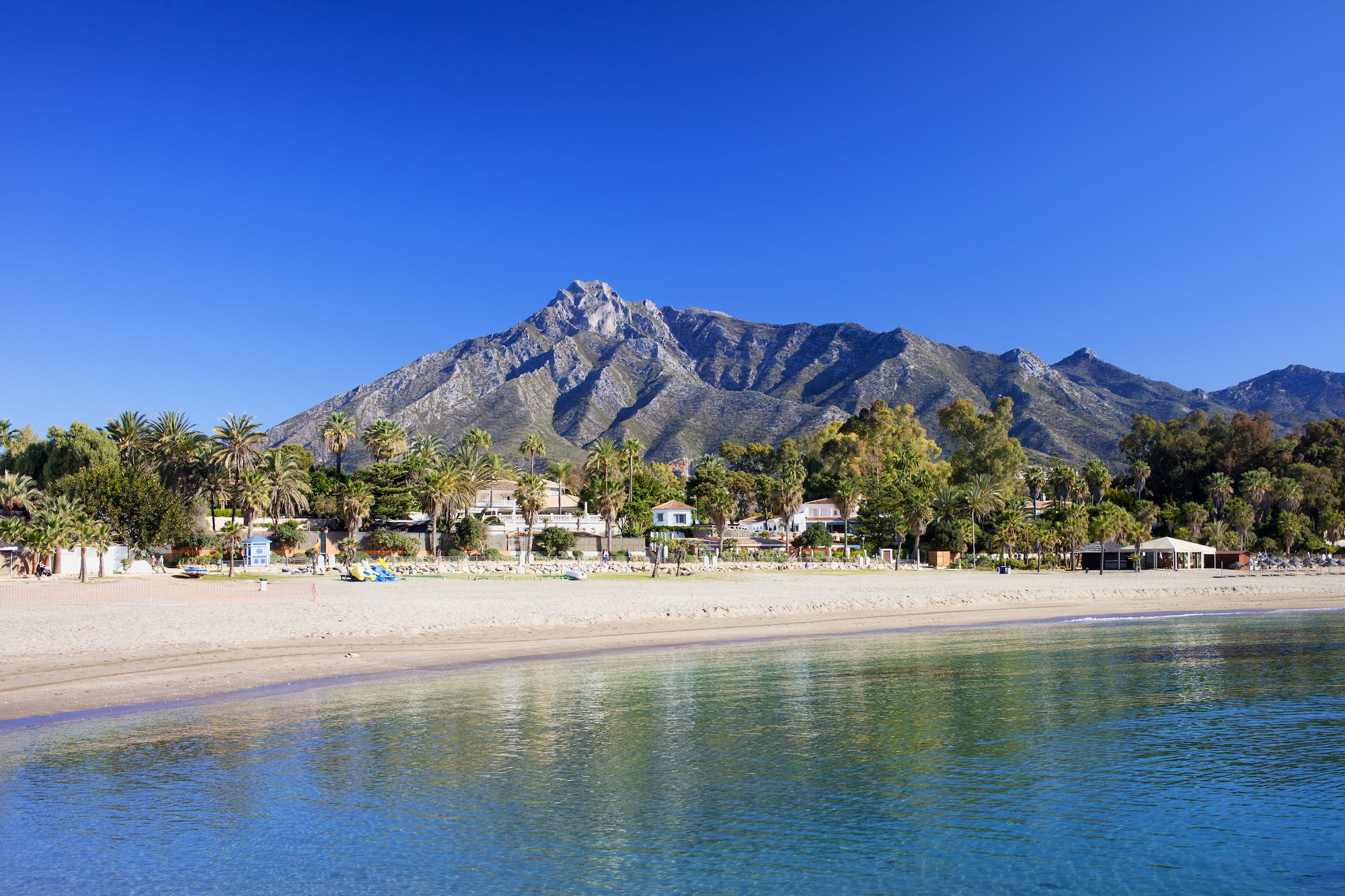 a beach with a mountain in the background