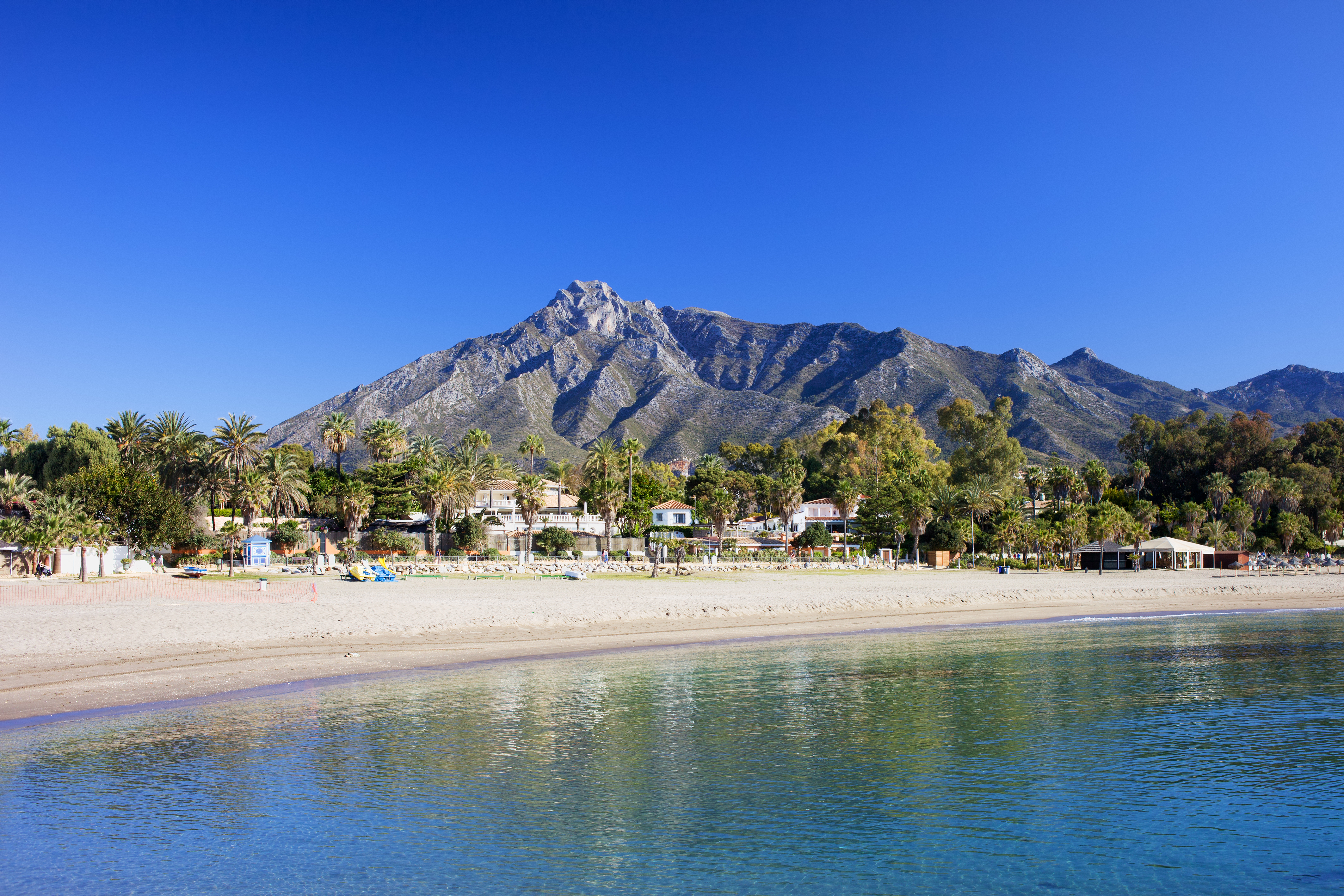 a beach with a mountain in the background