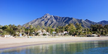 a beach with a mountain in the background