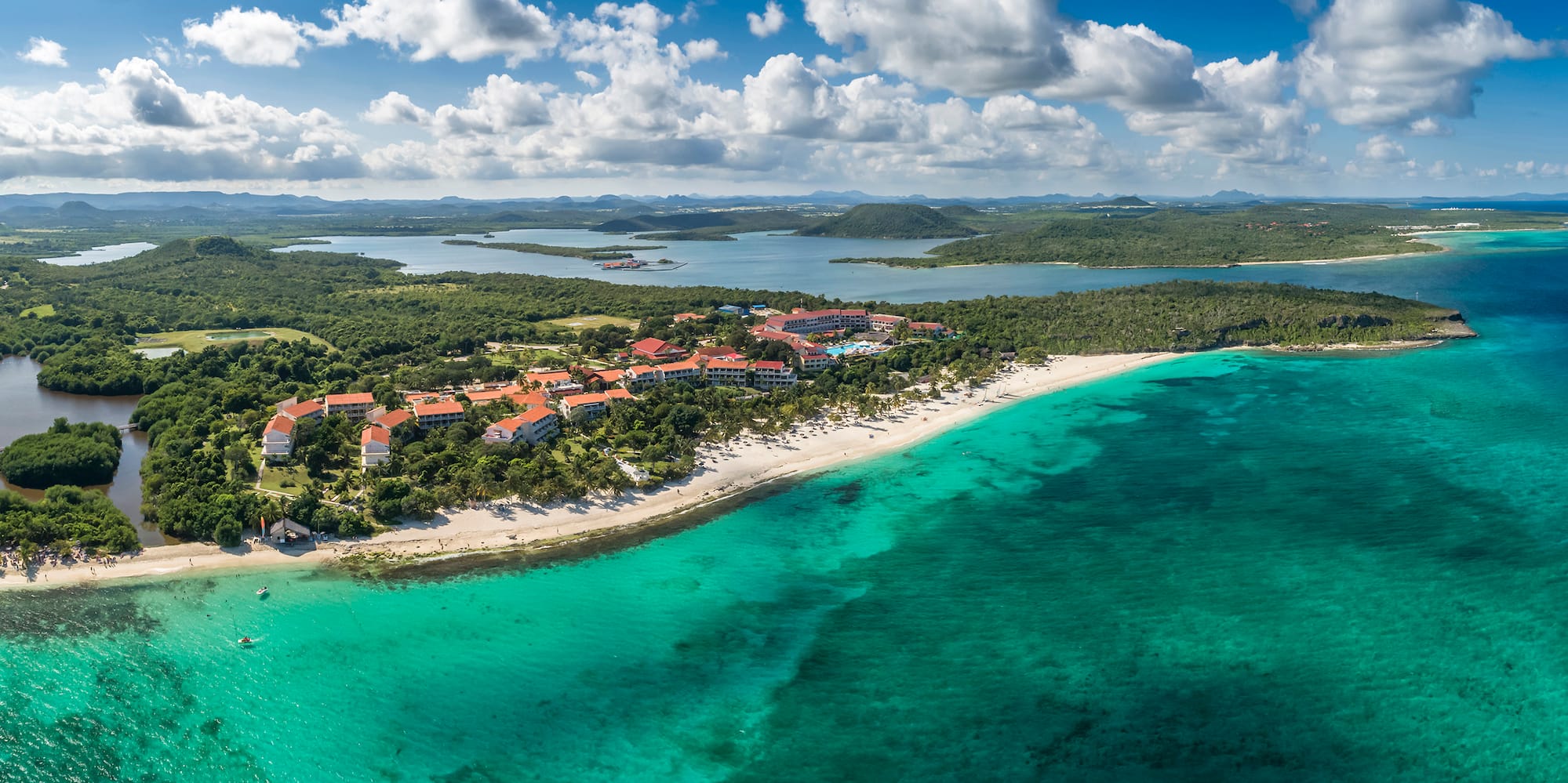 a beach with buildings and trees