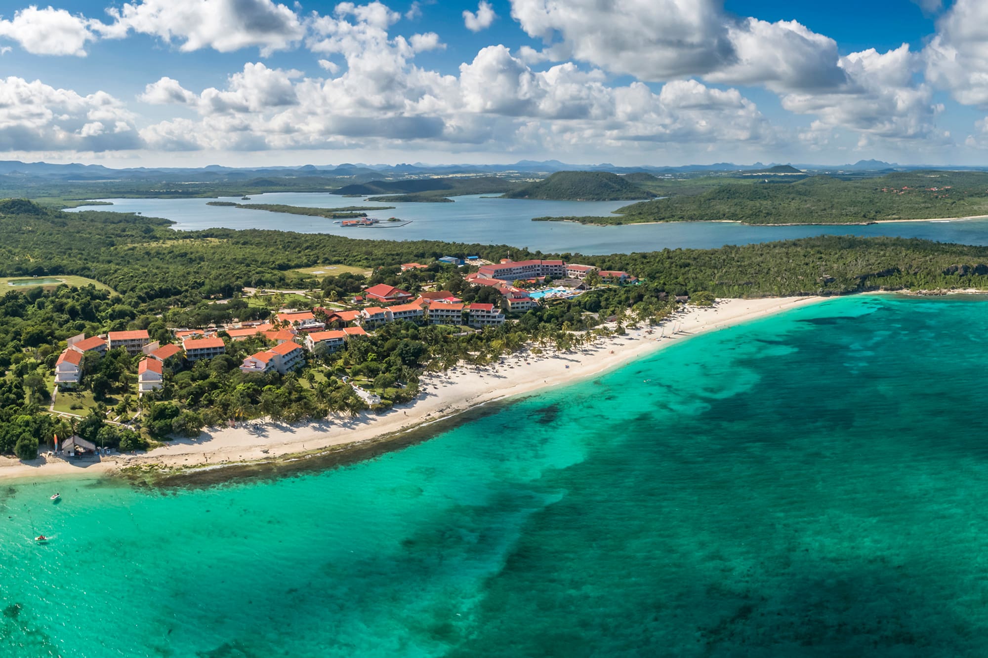 a beach with buildings and trees